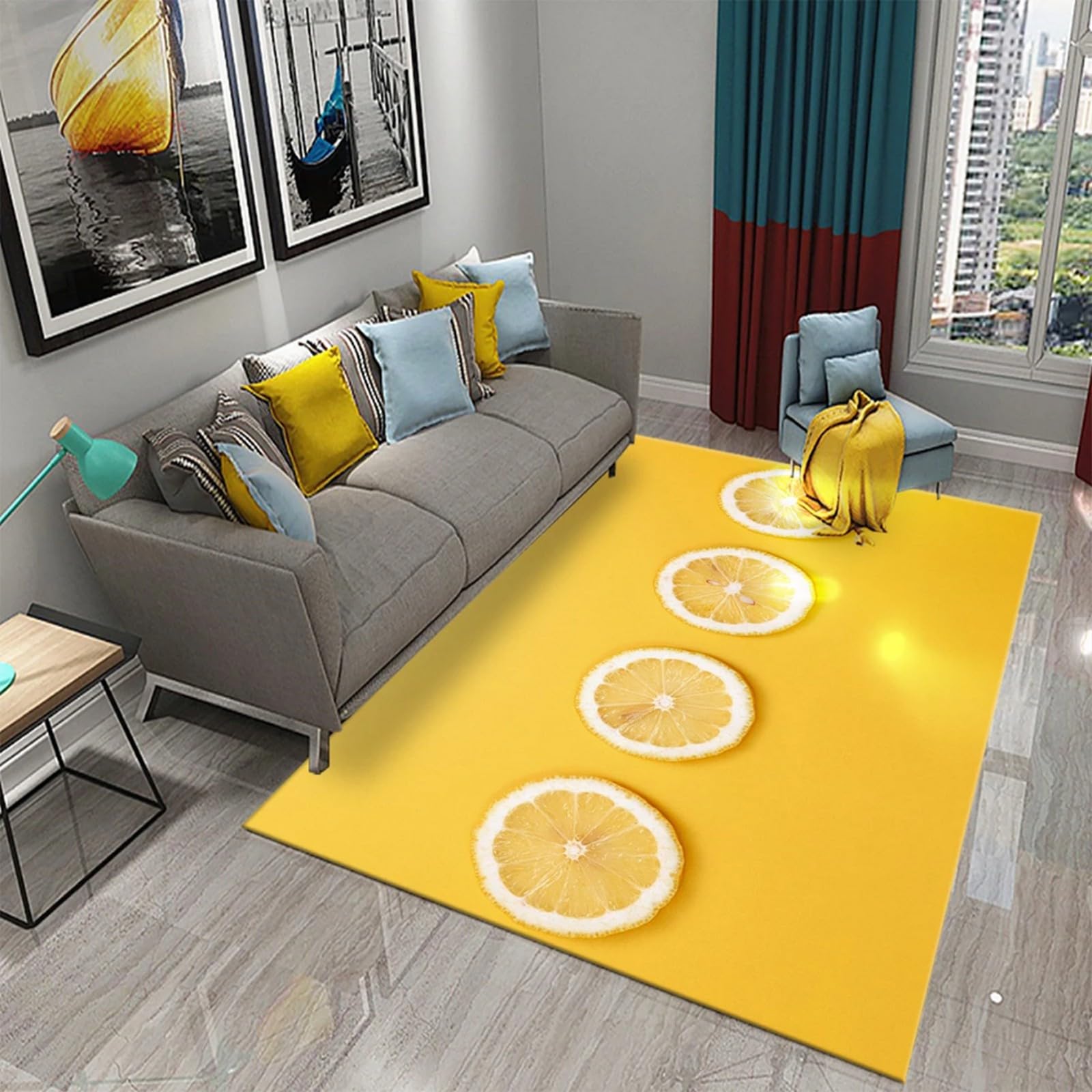 Tapis salon et chambre d'enfants motif citron 3D en flanelle douce 120x160 cm