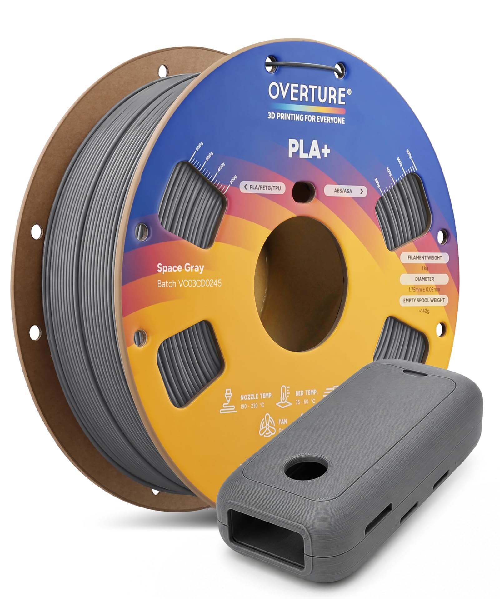 OVERTURE PLA+ 1,75 mm Space-Grau 1kg | High Speed PLA Plus