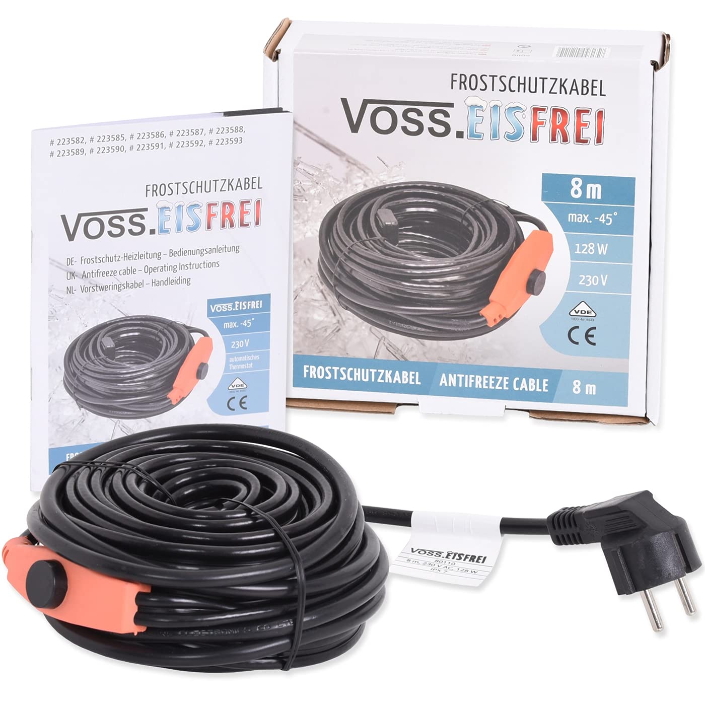 8m Frostschutz Heizkabel mit Knopf-Thermostat VOSS.eisfrei, 230V, Heizleitung Zum Schutz von Wasserleitungen und Weidetränken