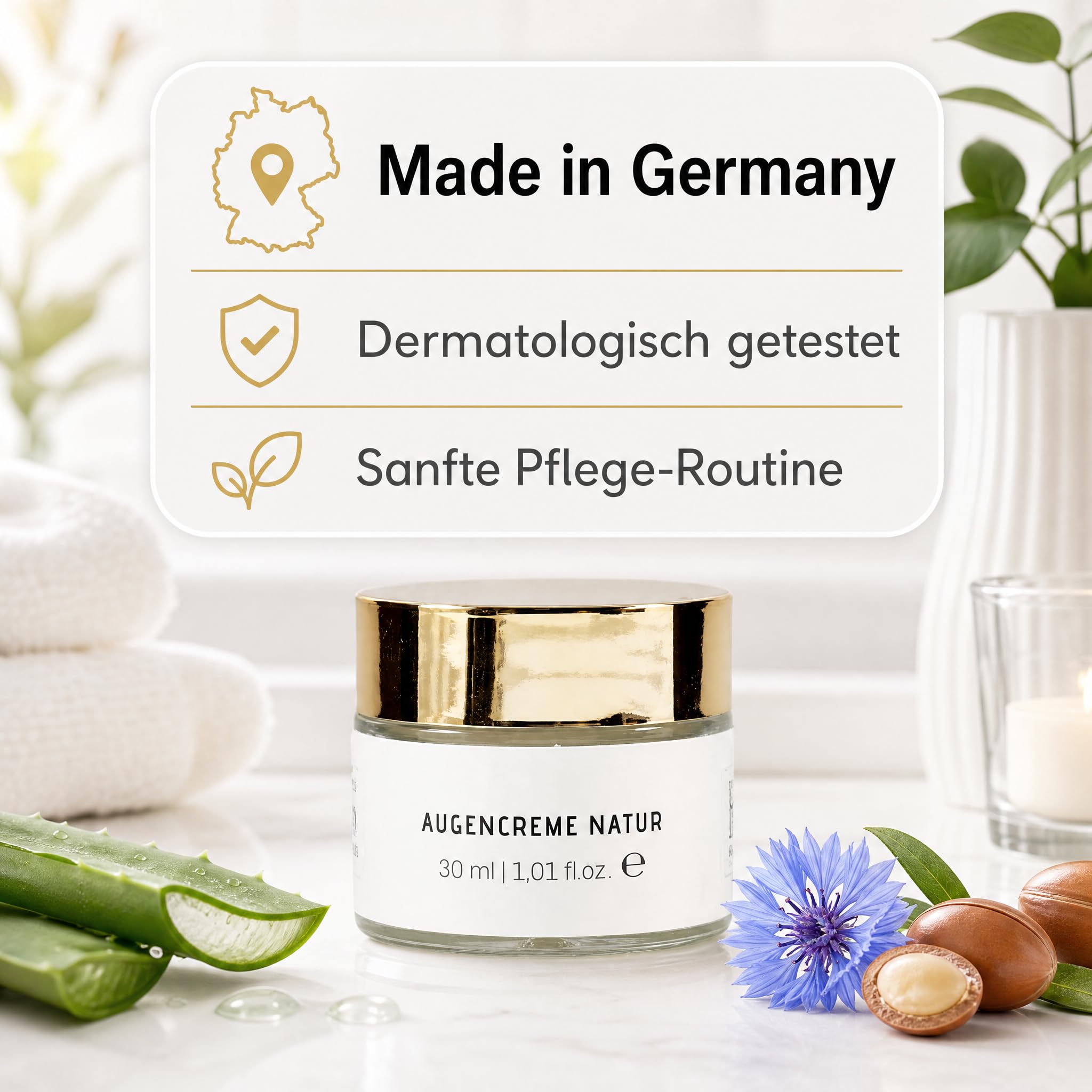 KS Beauty Augencreme Natur mit Aloe Vera & Arganöl, 30 ml | Kornblumenextrakt, Glycerin, Vitamin E