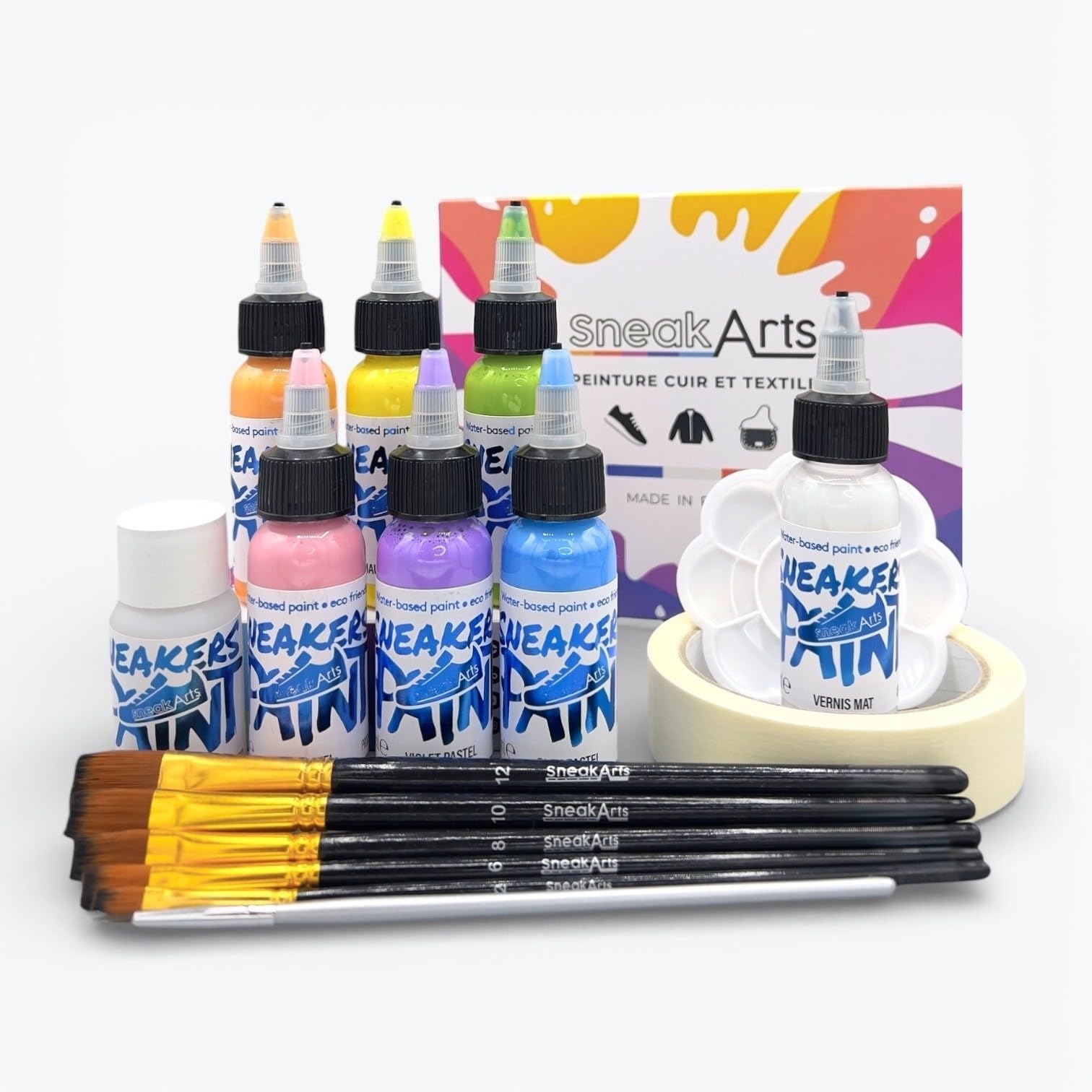 Kit Personalizzazione Sneakers, Pelle & Tessuto - 6 Colori Pastel + Vernice + Pennelli - Prodotto in Francia