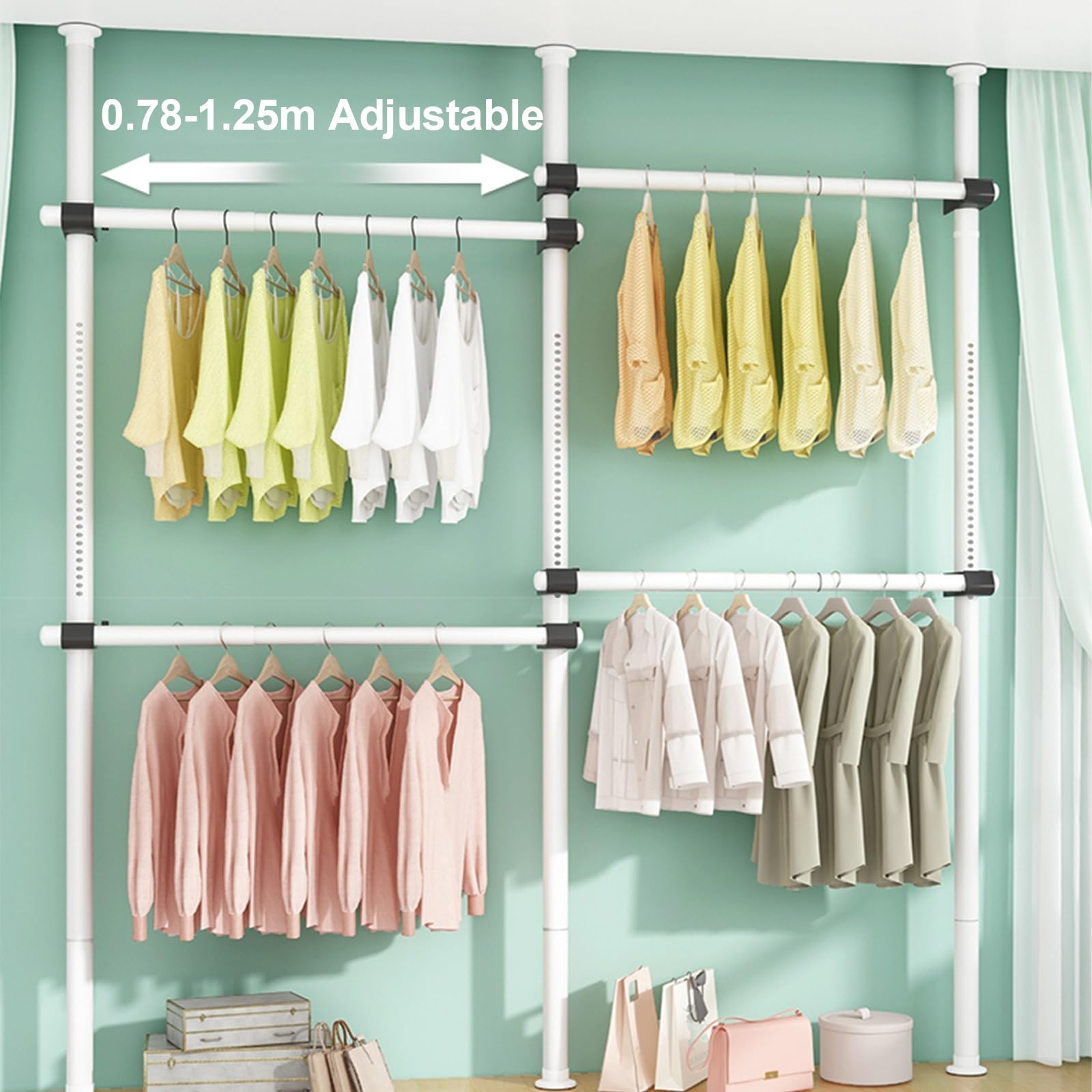 Metall Kleiderschrank, Kleiderständer Doppelt, Kleiderstangen Wandsystem ohne Bohren, verstellbar und erweiterbar, aus Kohlenstoffstahl, für Schlafzimmer, Wohnzimmer(Silver,3 vertical 4 horizontal)