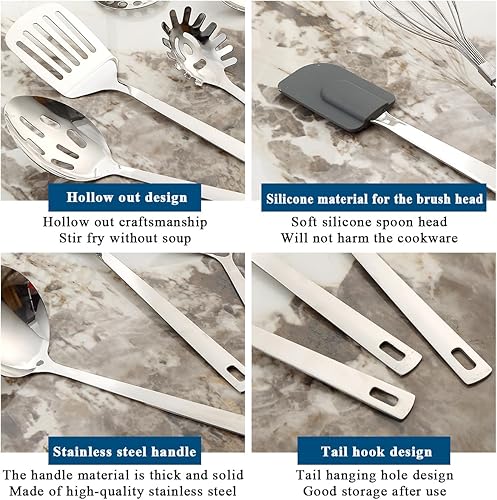 Miniatura 8 de Juego de utensilios de cocina de 26 piezas, juego de herramientas de cocina resistentes de acero inoxidable con ganchos, espátula de metal y