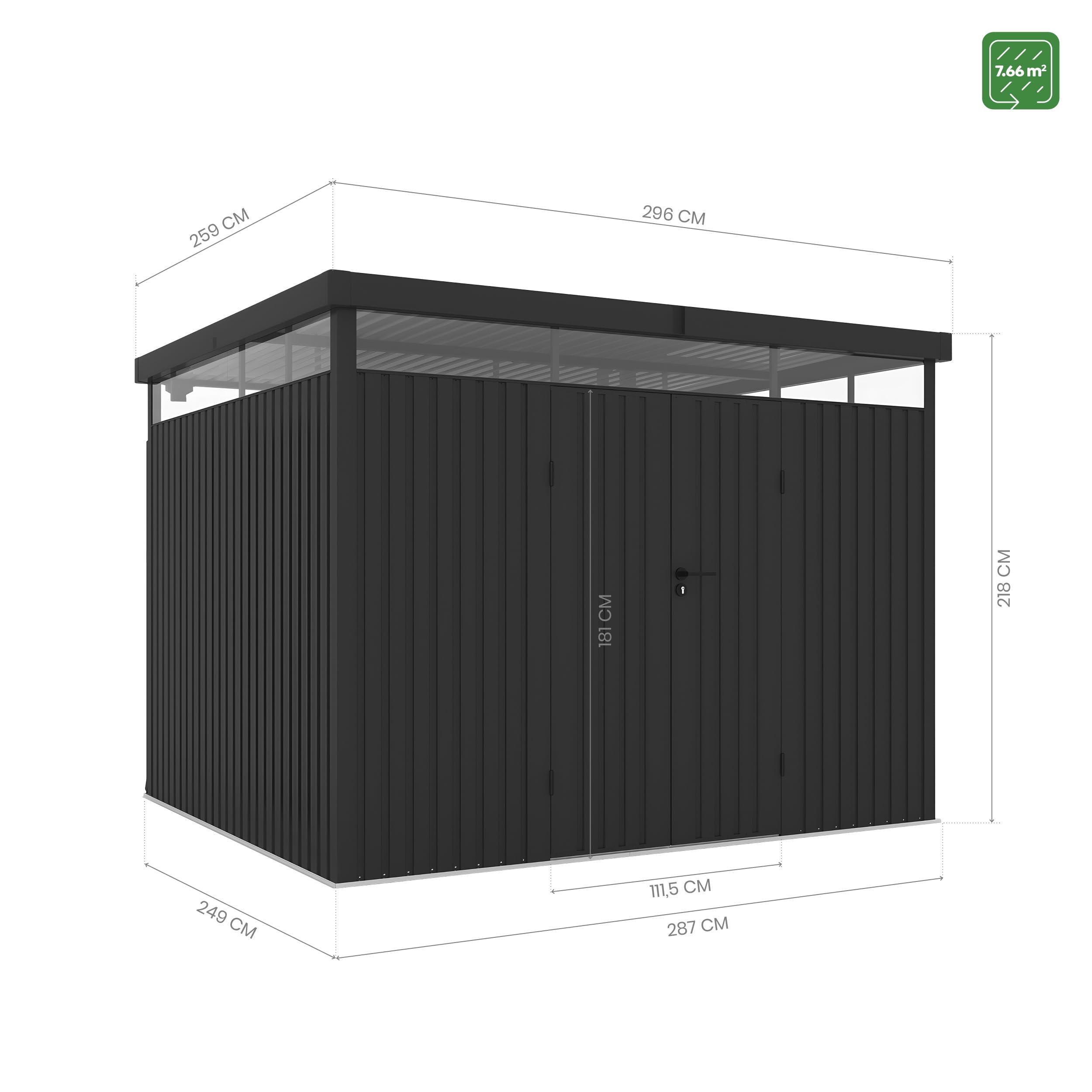 Wasabi Gartenhaus für den Außenbereich, Metall, 7,66 m², Quarz – Dicke 0,40 mm, robust – Lampe inklusive – Schloss mit Schlüssel – 360° Dachfenster – Flachdach – robustes Lagerhaus – 296 x 259 x 218