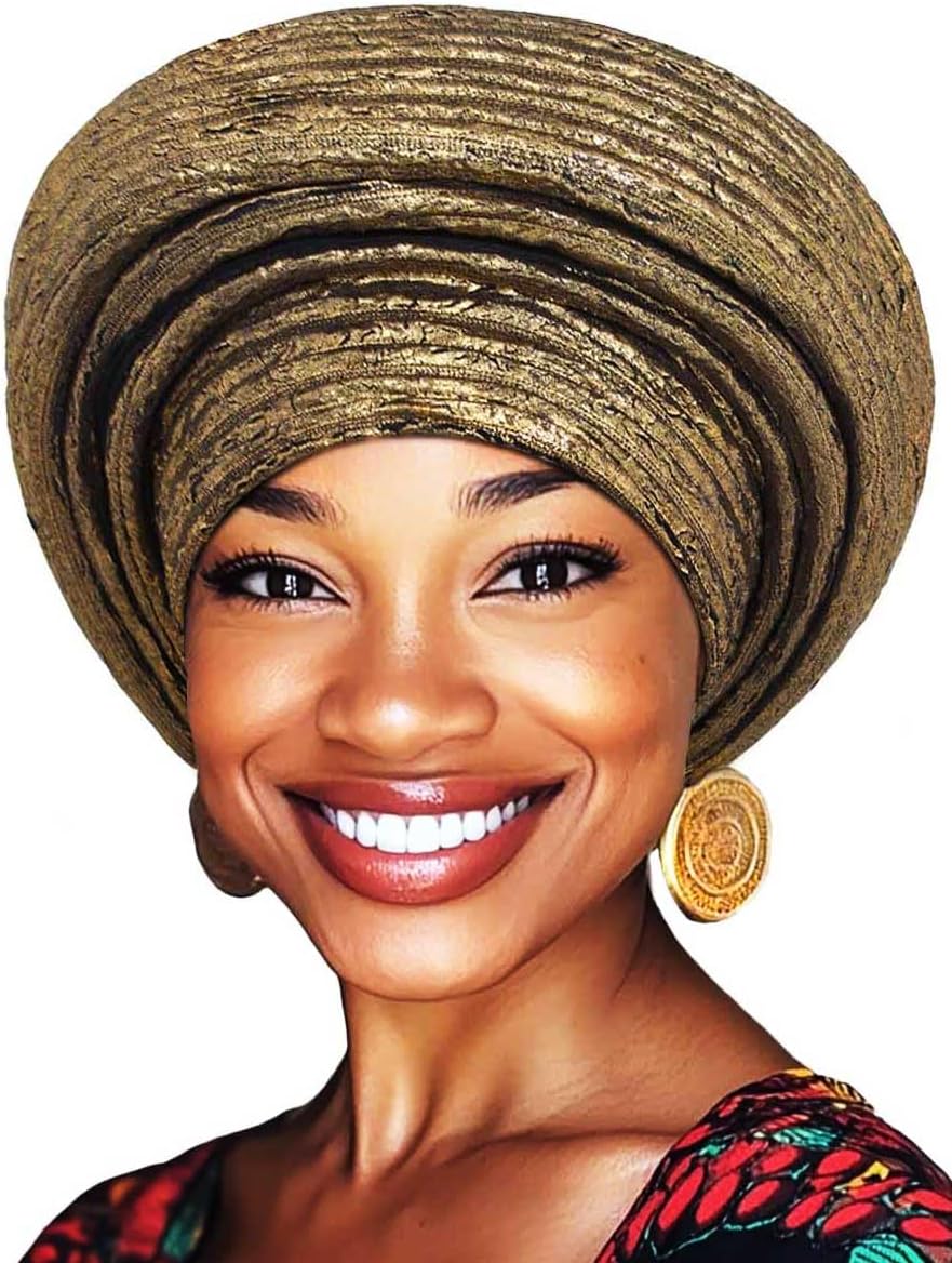 Woeoe Pre-Tied African Hats Gold Auto Gele African Head Wraps Church Turban for Women