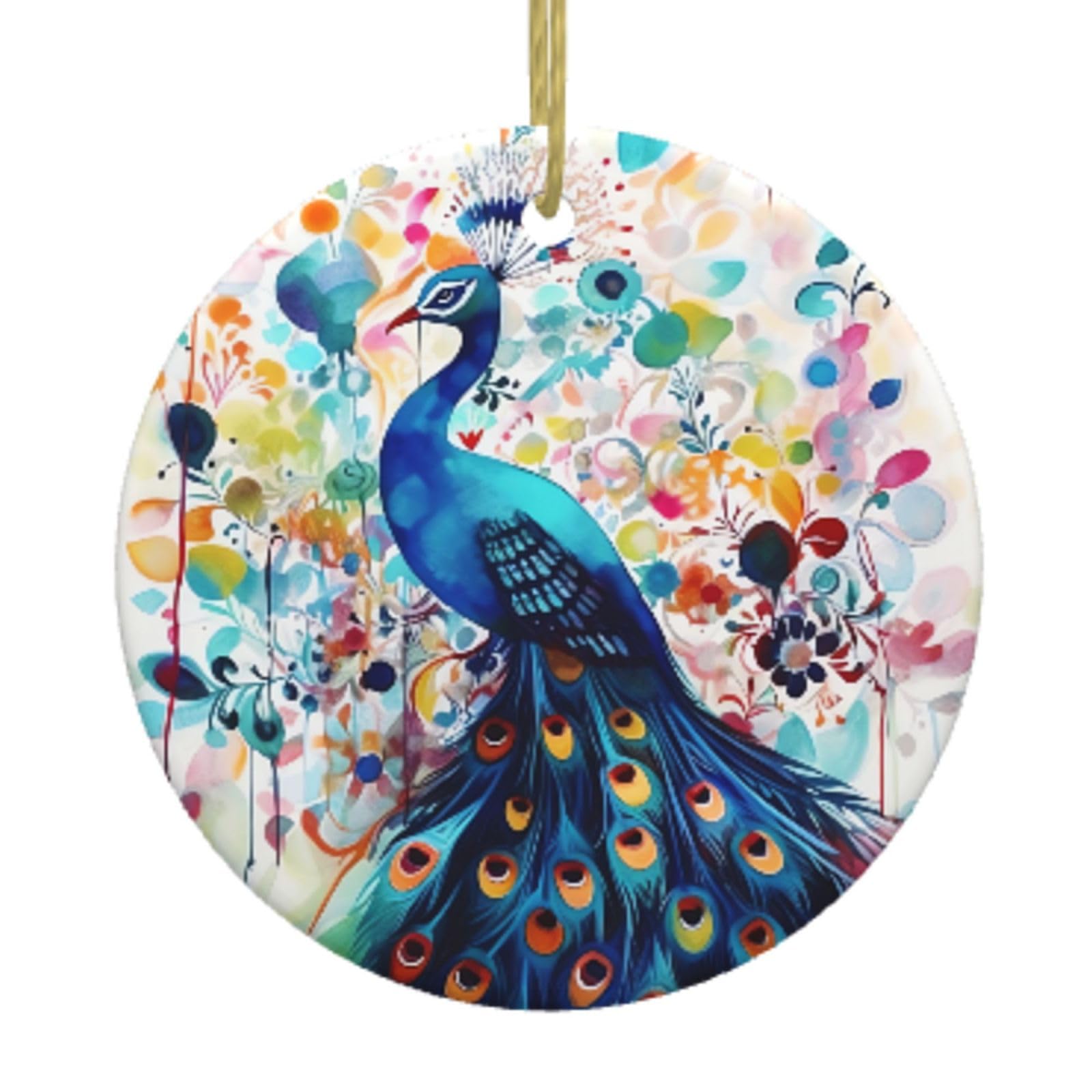 Ceramic Christmas Tree Hanging Ornaments with Gold Ropes Christmas Tree Decorations Round Ceramic Color Peacock Pendant Keepsake Decorations for Holiday Xmas Gift Ideas