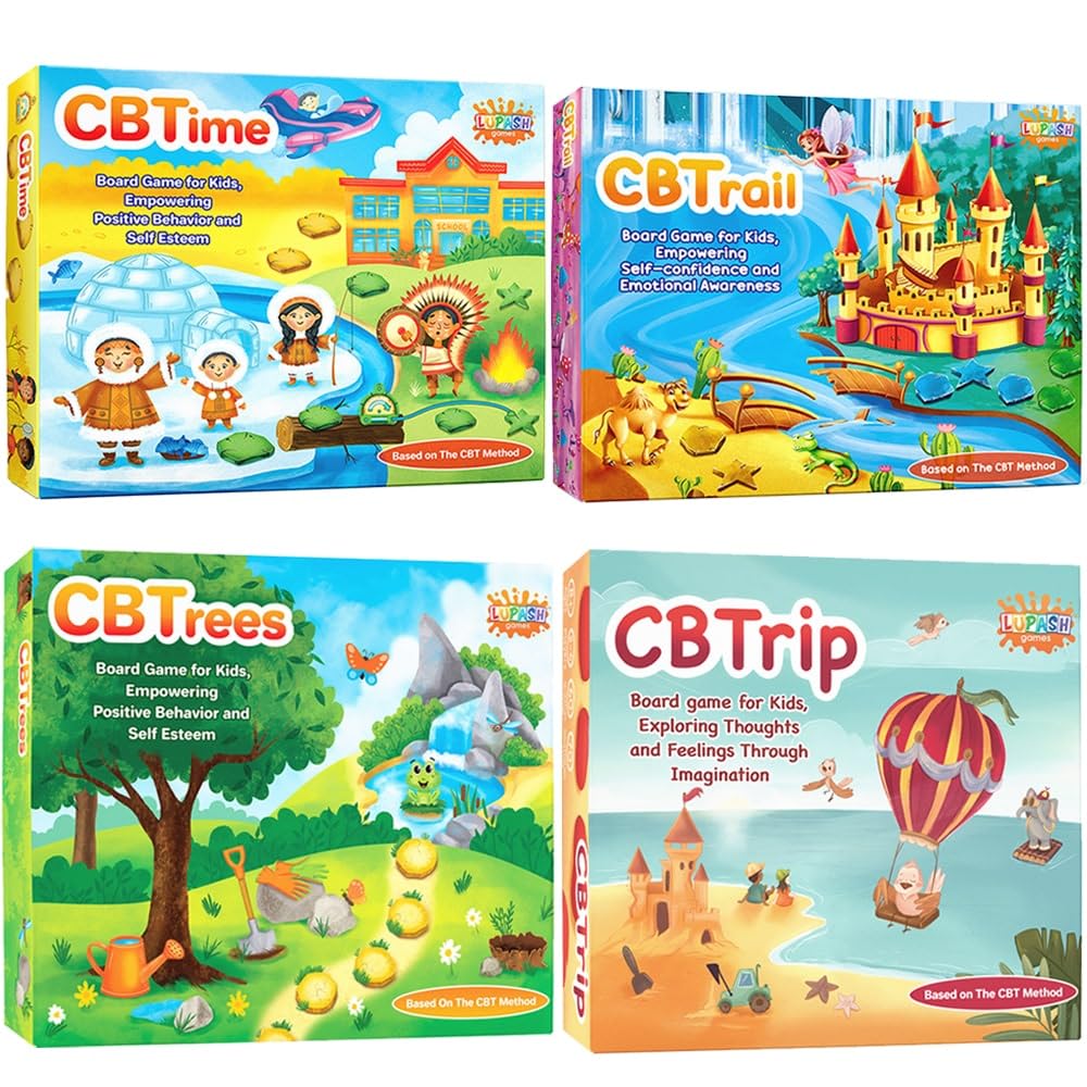 CBTime & CBTrail & CBTrip & CBTrees Therapy Board Games for Kids - CBT Emotional Game to Develop Social Skills and Emotional Intelligence - Recovery Board Game for Counselors