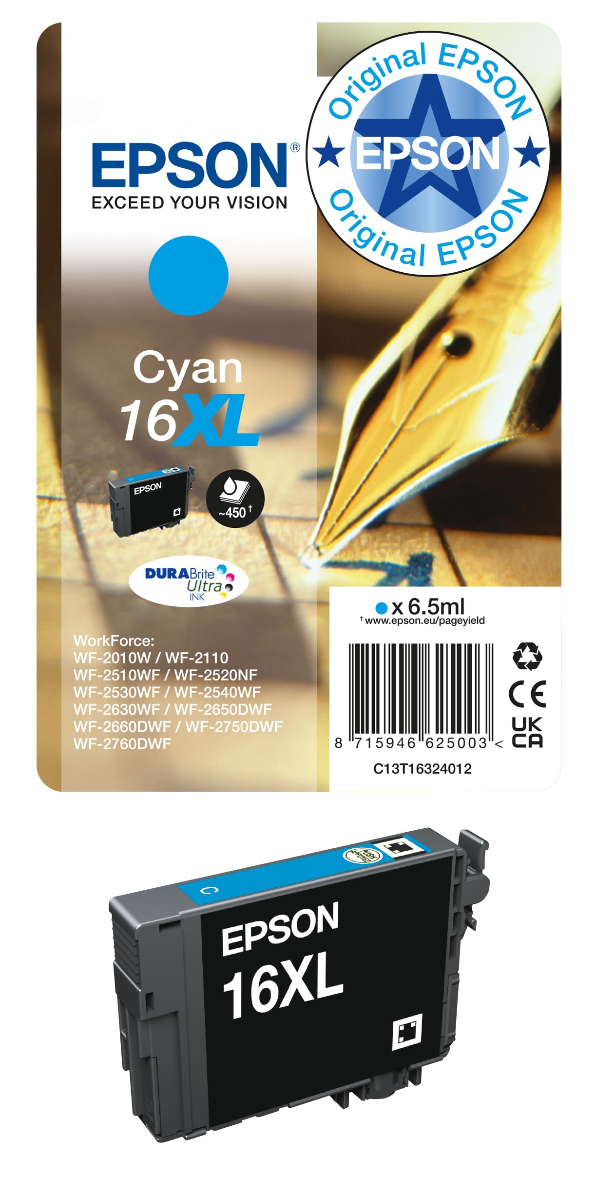 Epson 235M220 Original 16XL Tinte Füller (WF-2630WF, WF-2650DWF, WF-2660DWF, WF-2750DWF, WF-2760DWF), cyan