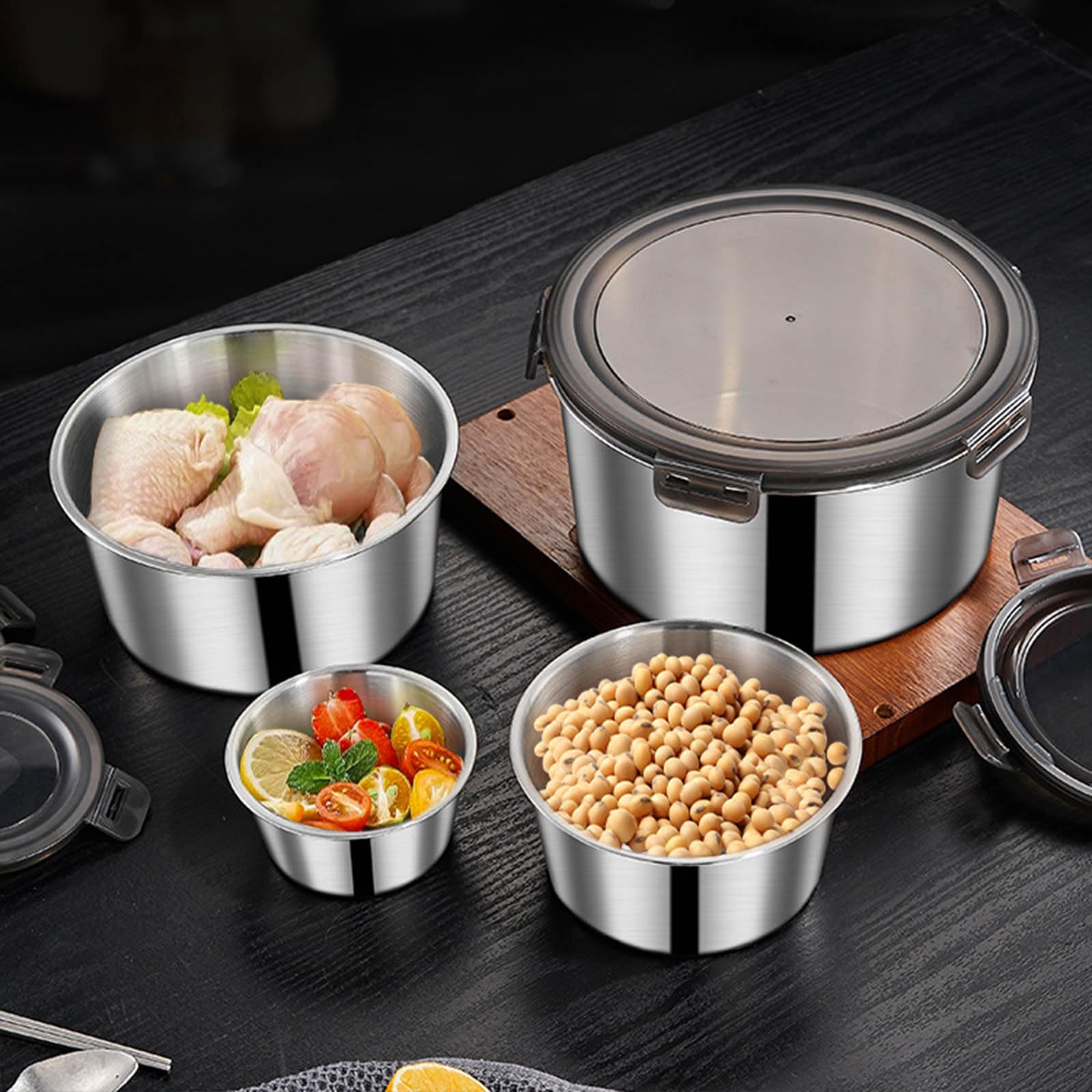 5-teiliges Edelstahl-Schüssel-Set mit sicherem Deckel, Lunch-Behälter, effiziente Organisation, stapelbare Aufbewahrungsschüsseln