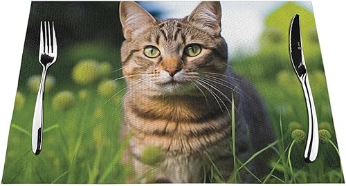 Miniatura 7 de Juego de 6 manteles individuales de PVC con diseño de gato atigrado sobre la hierba, antideslizantes, de 12 x 18 pulgadas, juego de manteles