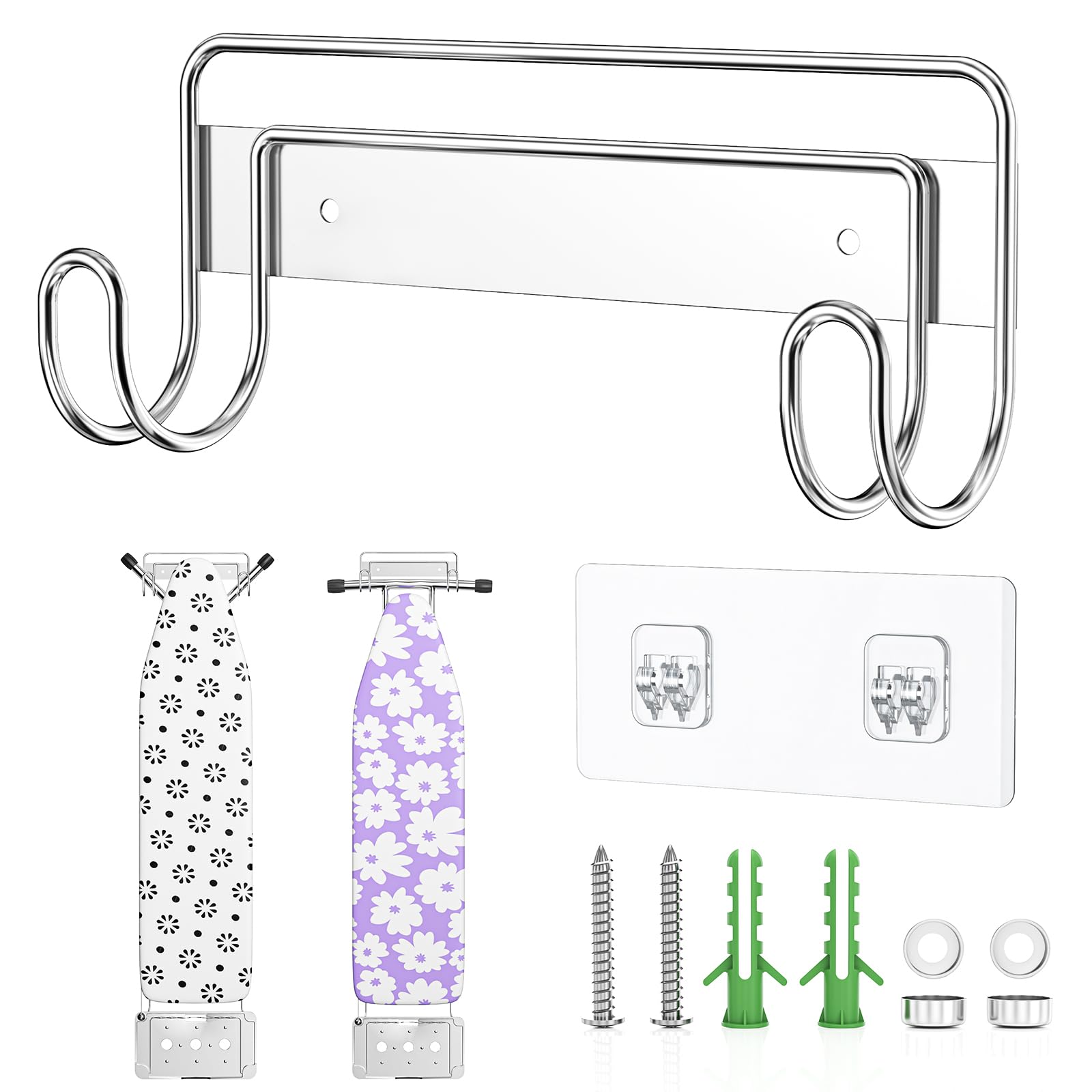 Soporte para Tabla de Planchar, Almacenamiento para Tabla de Planchar, Colgador de Pared para Tabla de Planchar, Percha de Acero Inoxidable, Gancho Ppra Tabla de Planchar para Pared o Puerta Plateado