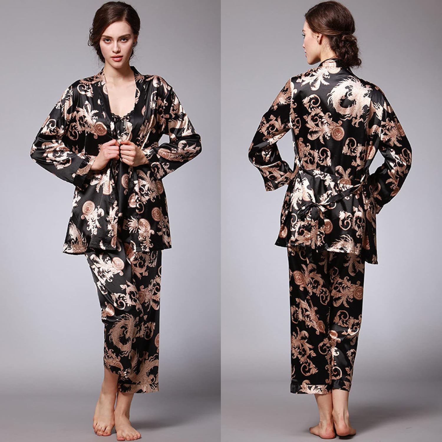 3Pcs Dragon Pattern Floral Print Silky Pj Sets Sleepwear - Women'S Silk Satin Pajamas Set Cami Nightwear With Robe And Pant Sexy V-Neck Spaghetti Strap Nightwear Soft Homewear For Adults Outfits Suit