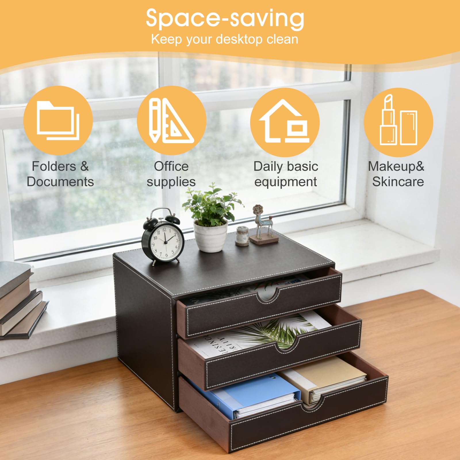 Boîte de rangement de bureau en cuir synthétique avec 3 tiroirs A4 - Organiseur de bureau - Pour documents et fournitures de bureau - Marron