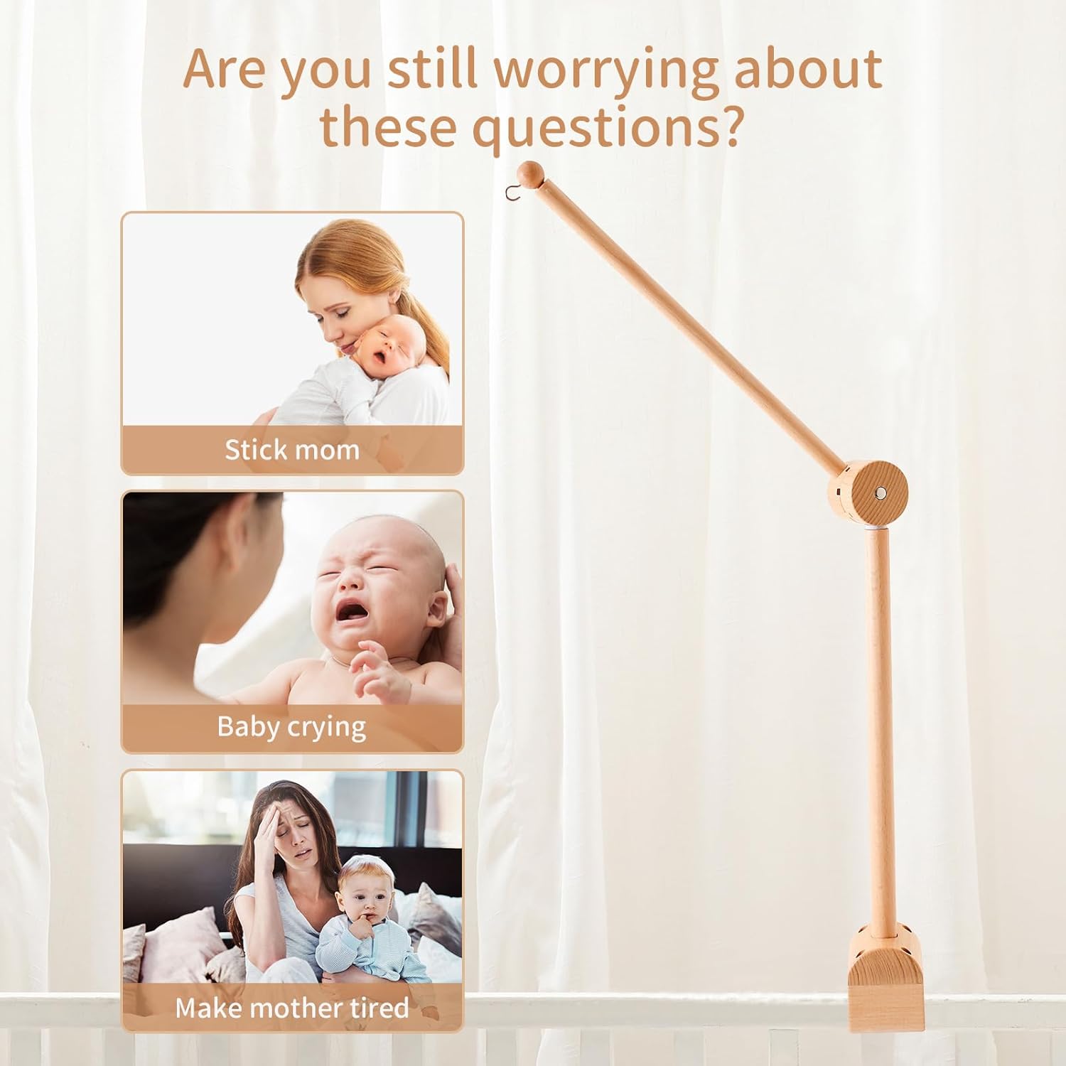 Mobile Wood for Baby Cot, Mobile Holder Changing Table 360° Rotatable Mobile Holder Frame Rod for Hanging Music Box Wind Chimes Bed Bell Baby Mobile Holder Arm Baby Bed Toys