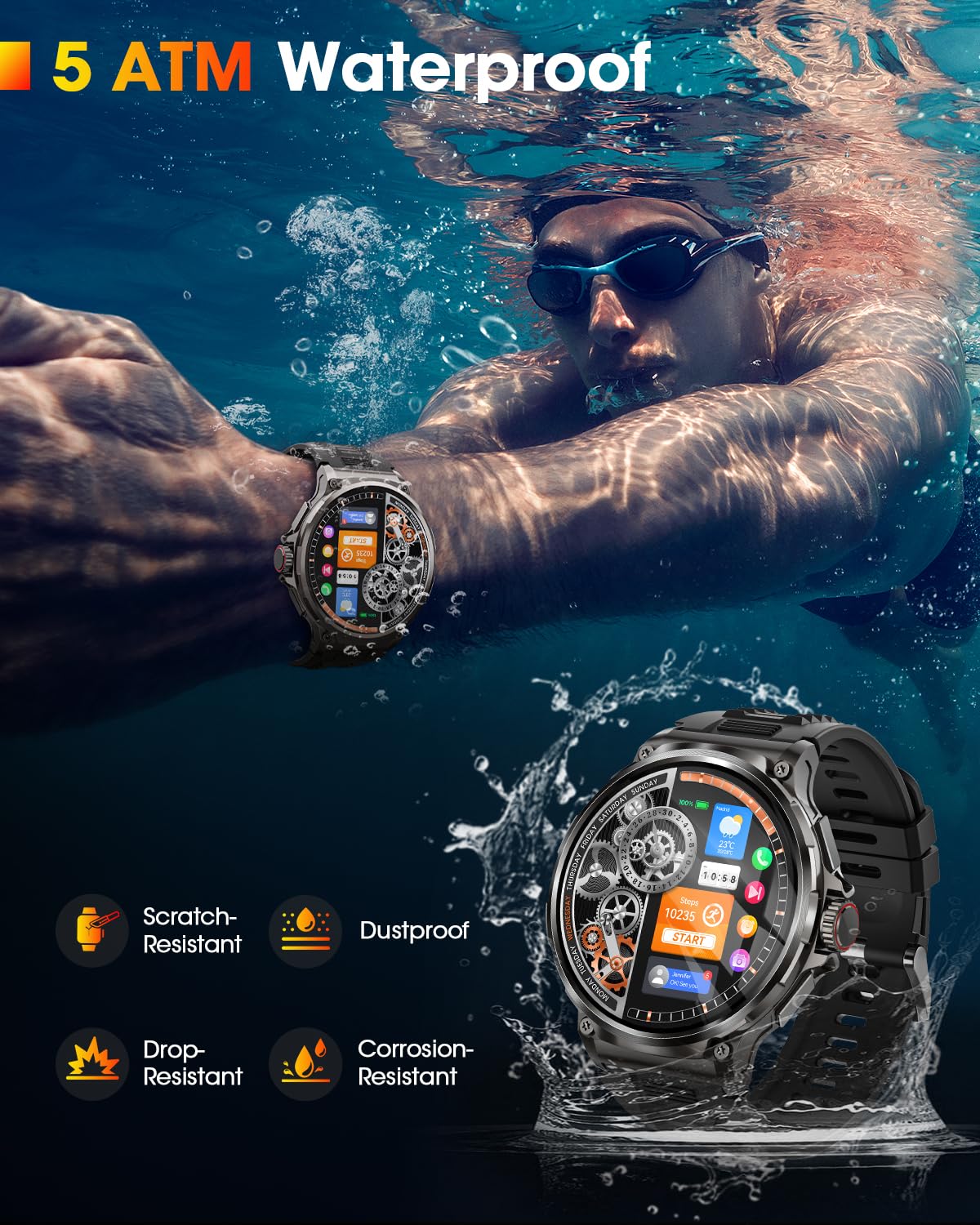 Reloj Inteligente Hombre con 1000mAh Batería, 1.92" AMOLED, 5ATM Impermeable Smartwatch Militar con Llamadas, 120+ Modos Deportivos, 24/7 Pulsómetro/Sueño/Podómetro Pulsera Actividad Android iOS Negro