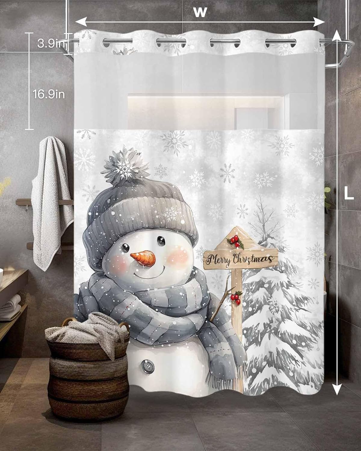 Christmas No Hook Shower Curtain with Snap in Liner, Winter Snowman Xmas Pine Tree Shower Curtain for Bathroom Waterproof Merry Christmas Bath Curtain with See Through Mesh Top Window, 48" x 72"