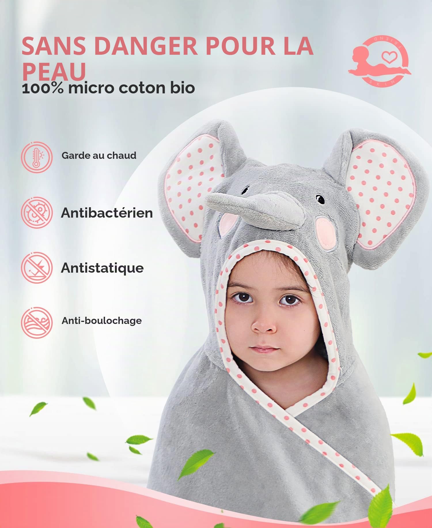 TBEZY Cape de Bain Bébé à Capuche, Coton Sortie de Bain Bébé avec Design Animal, Drap Serviette de Nouveau-né (Eléphant pour 1 à 5 Ans)