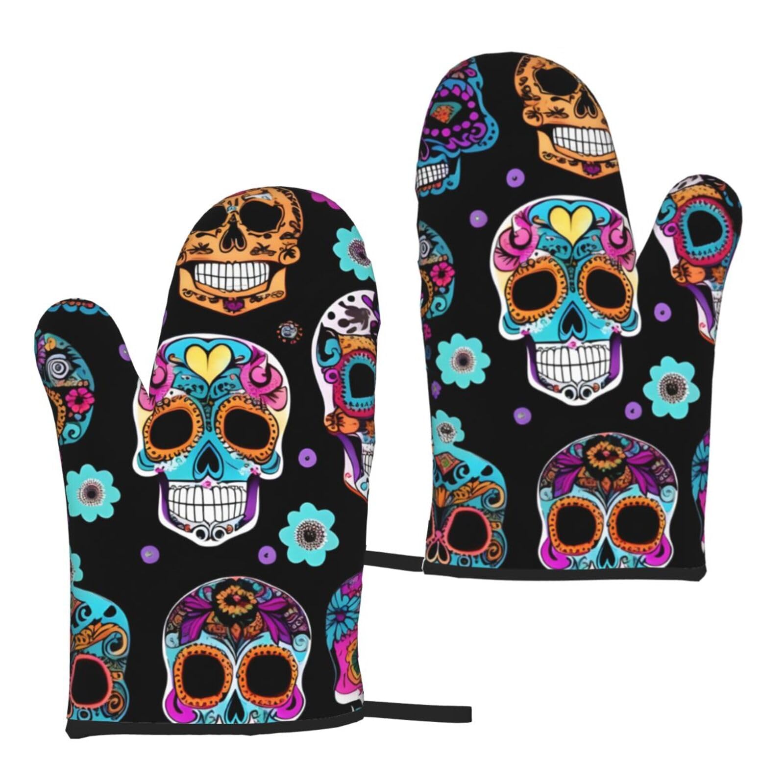 Sugar Skull Print Heat Resistant Universal Fit Oven Microwave Gloves Home Cooking Baking Grilling