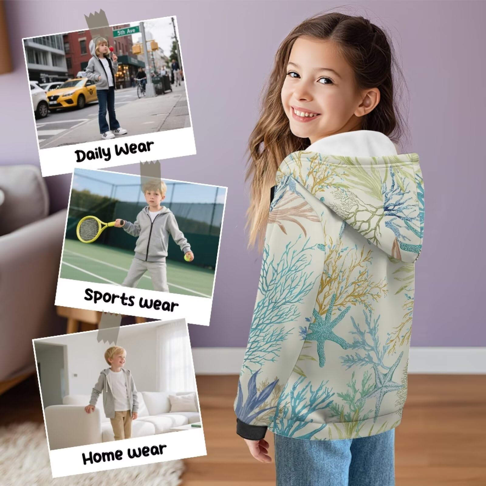 Retro koral rozgwiazda nadruk dzieci bluzy z kapturem z długim rękawem bluza kurtki z podszewką z polaru jesienne ubrania zimowe bluzy top dla chłopców dziewcząt, S