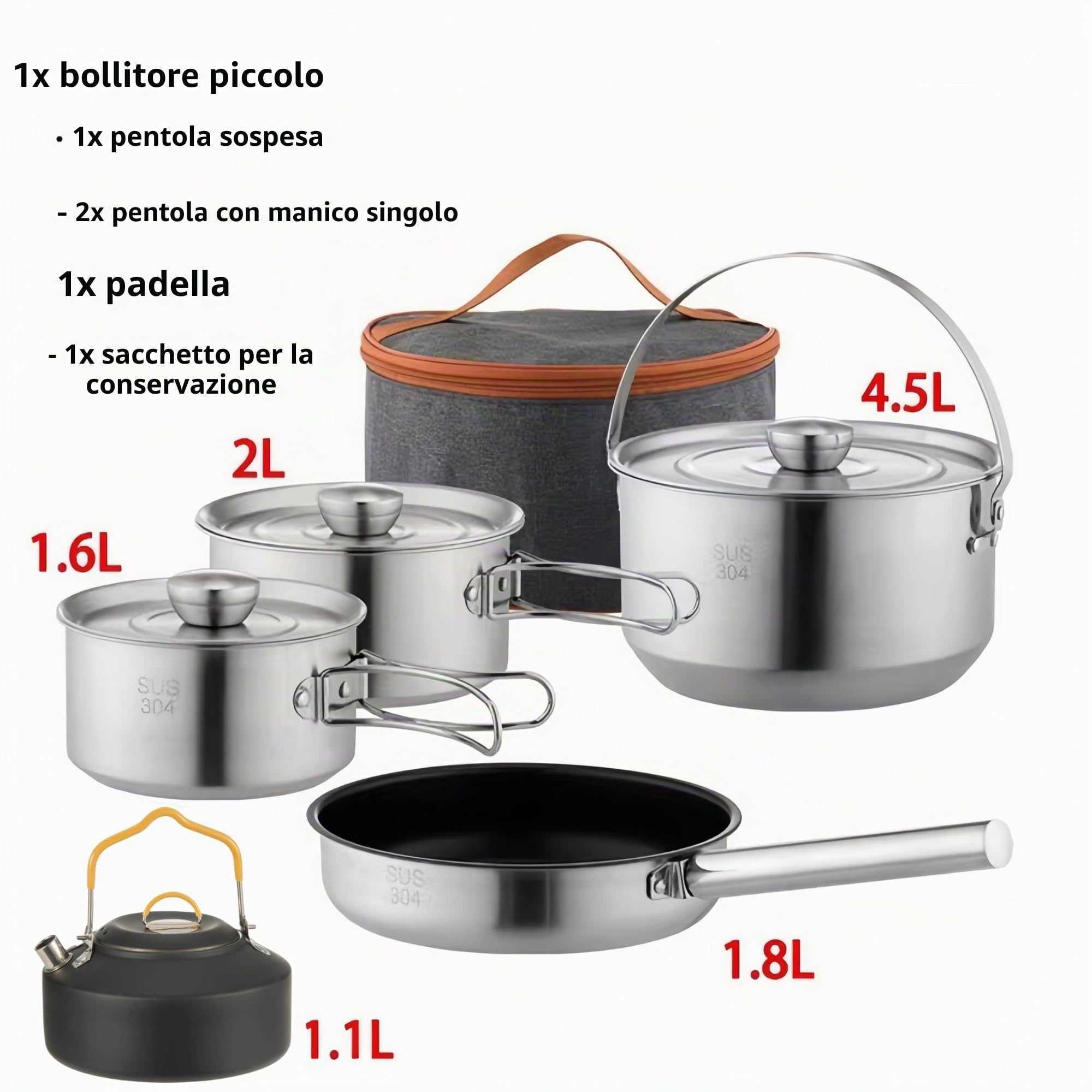 Set di pentole da campeggio in acciaio inox 304, 10 pezzi, pentole, bollitore, borsa da viaggio in rete per campeggio, trekking, giardino, picnic, attrezzatura da backpacking