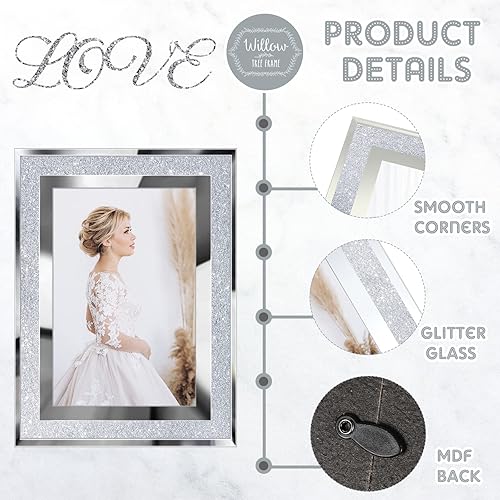 Miniatura 3 de Queekay Paquete de 4 marcos de fotos con purpurina, marco de fotos de cristal, decoración de pared, espejo para decoración de mesa de graduación,