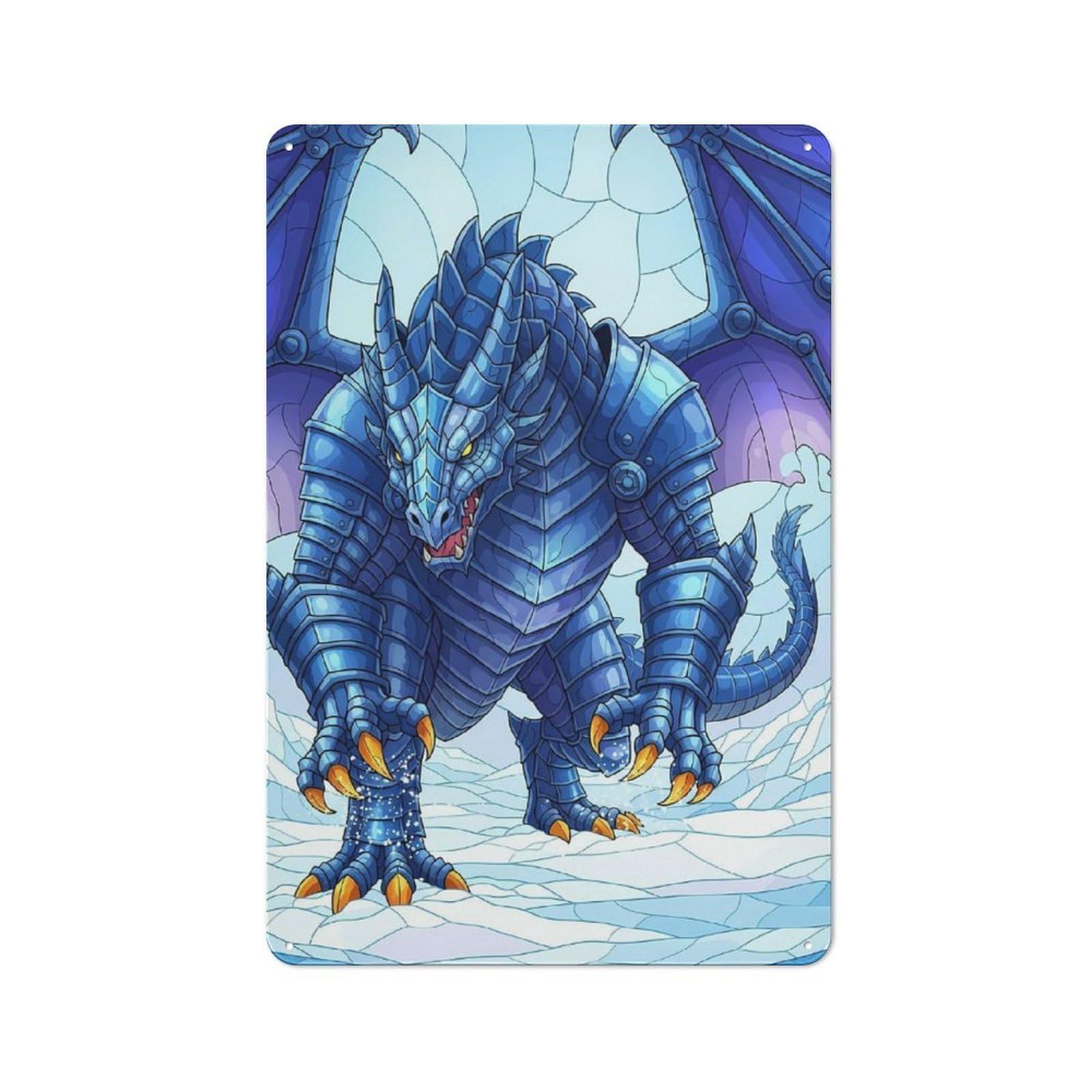 Junmoney Armored Blue Dragon In Snowy Landscape Rustic Metal Sign 30X20cm For Guest Room Or Hallway, Suited To Hallway Wall Decor Fans