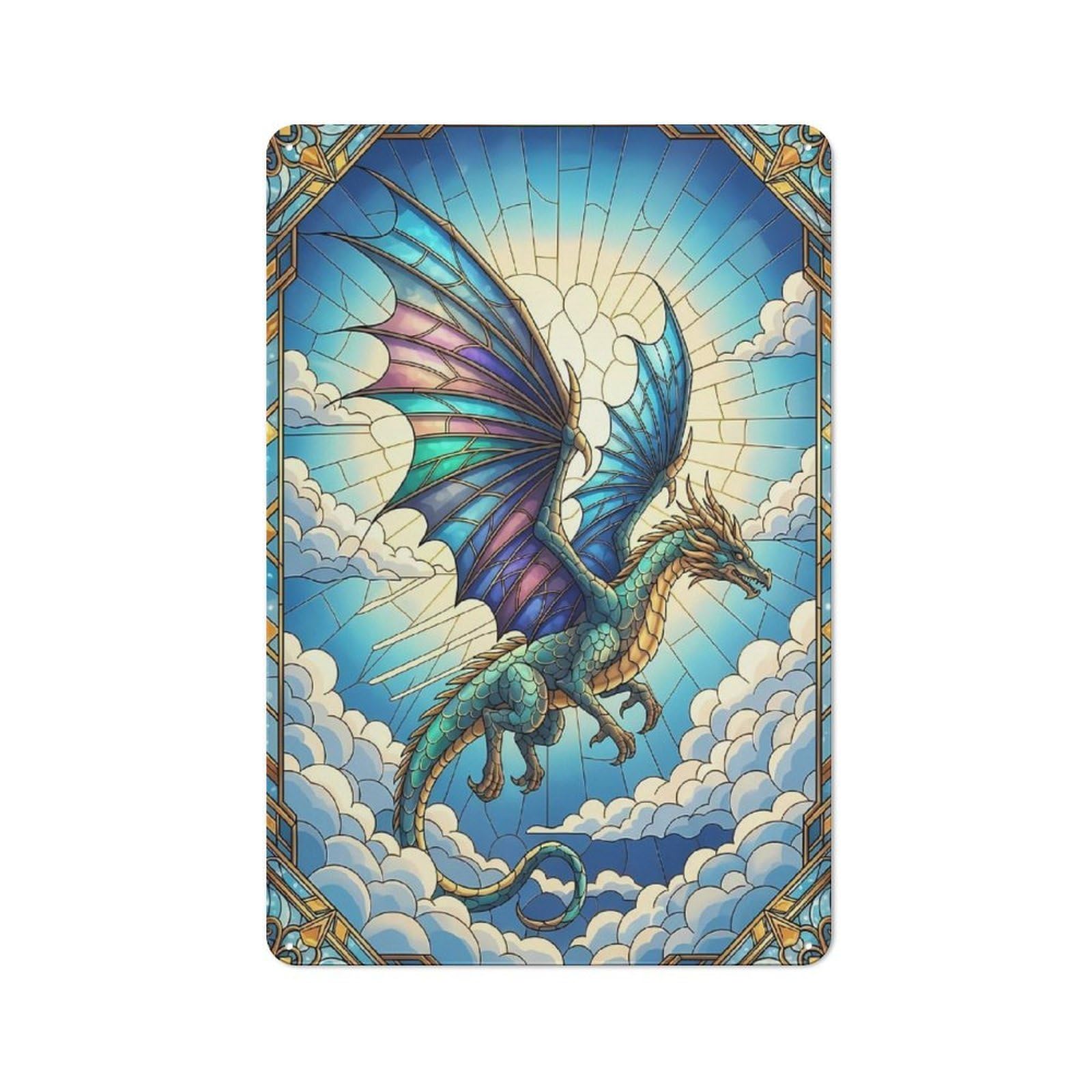 Retro Metal Plaque 30x20cm Featuring Stained Glass Dragon in The Sky for Workshop Wall, for Metal Sign Collectors, for Garage And Workshop Walls