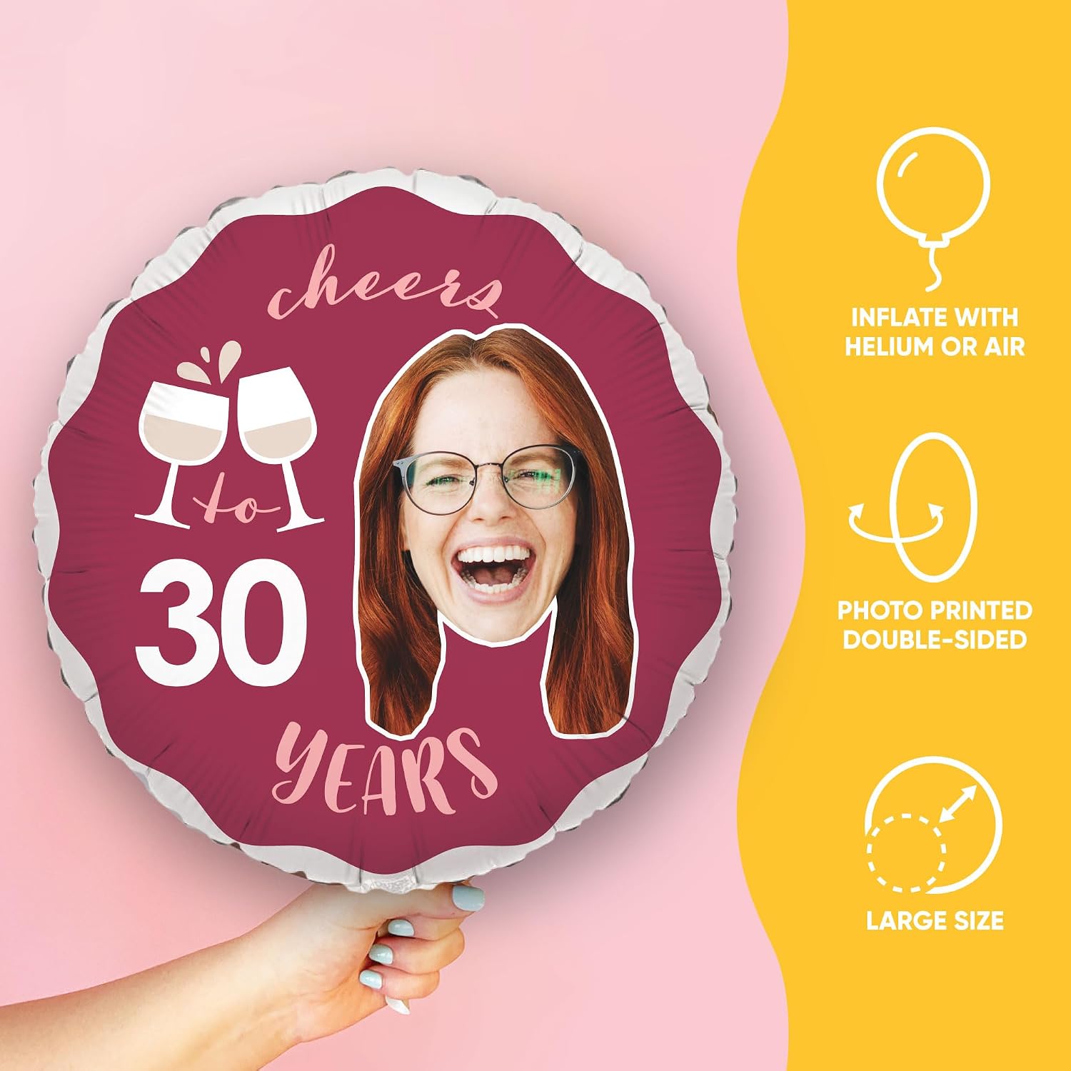 Big Dot of Happiness Personalized Wine Birthday Fun Face Photo Balloon, Adult Wine Tasting Party Decoration, Custom Age Double-Sided Circle Mylar, 1 Piece