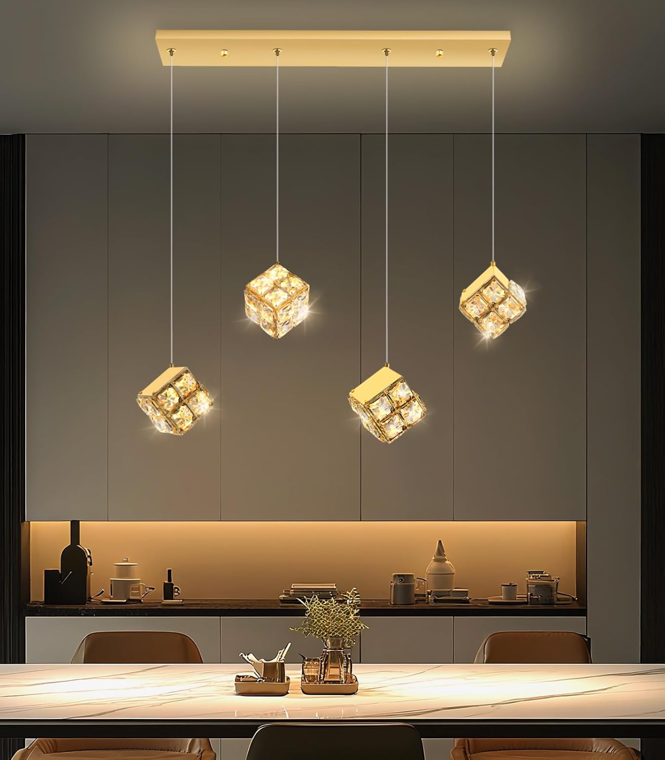 4 Lights Modern Rectangular Crystal Pendant Lights for Dining Room LED Dimmable Pendant Lighting Chandelier for Kitchen Island Foyer Hallway Stairwell Gold Gold 4 lights