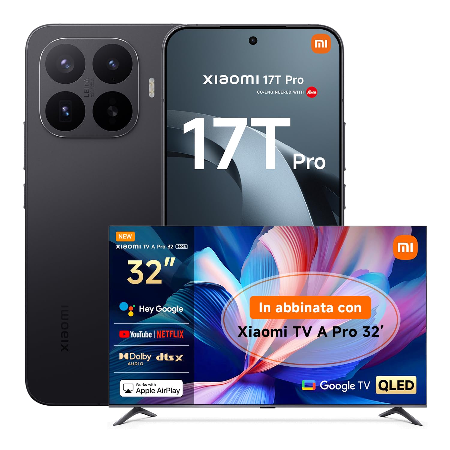 Xiaomi 17T Pro, Smartphone 12+512GB, Display Eye-Care 6,83" 144Hz,Batteria Silicio-carbonio da 7000mAh (typ), Teleobiettivo Leica 5x, 100W HyperCharge, Black, Garanzia 3 anni+Xiaomi TV A PRO 32