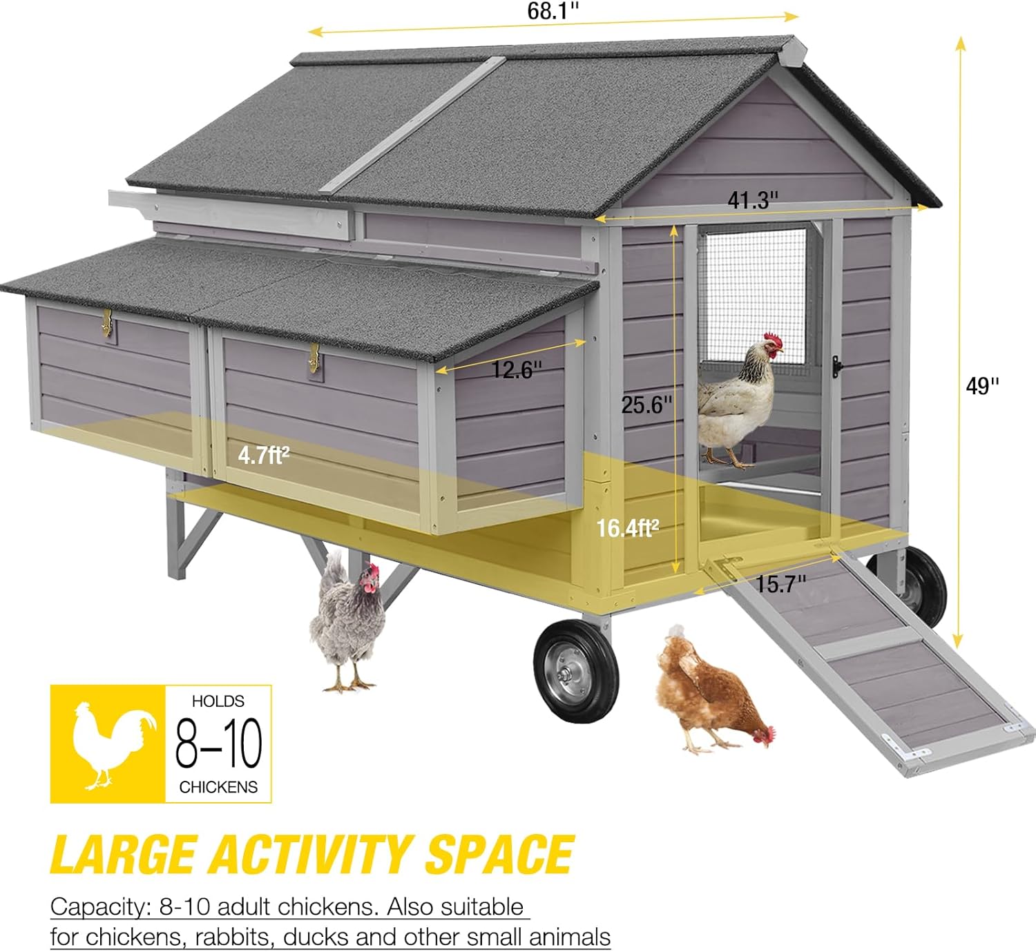Aivituvin Chicken Coop Mobile Wooden Hen House with Nesting Box,Large Poultry Cage Upgrade with Strong Iron Frame,Durable & Waterproof