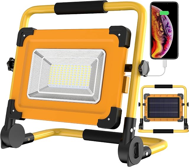 100W Solar 120 LED Rechargeable Work Light, Portable Floodlight 4 Modes Jobsite Construction Lights with Stand, 14000mAH Power Bank Waterproof Spotlight for Car Repairing, Garage, Workshop, Camping