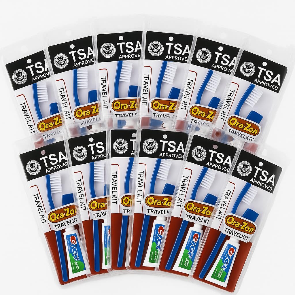 Ora-Zon Toothbrush Travel Kit with Toothbrush Cap and Toothpaste, Soft Bristles (Pack of 12)