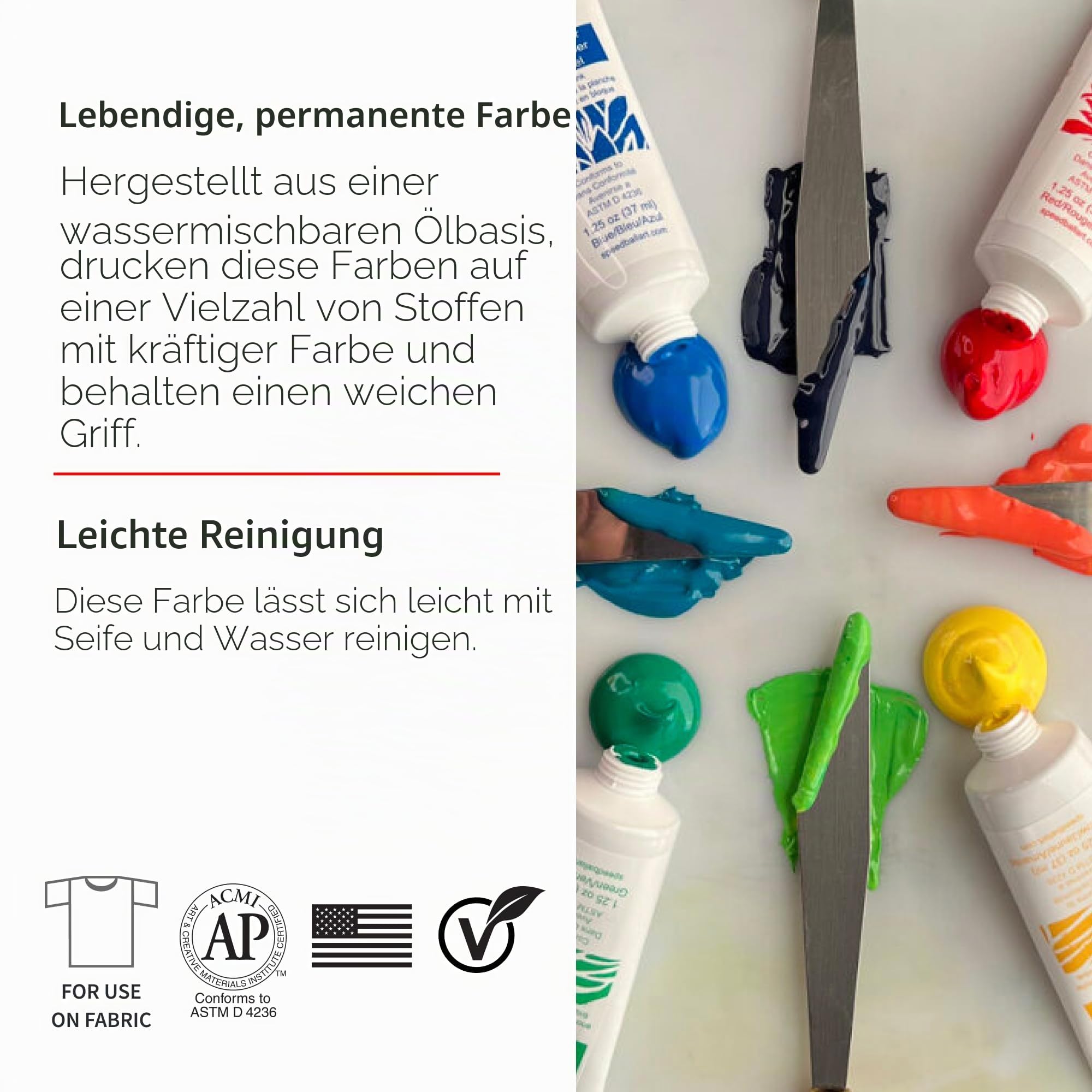 Speedball Stoff- und Papierblockdruckfarben-Set, 6 x 37 cc, 35,4 g Tuben, blau, gelb, grün, weiß, schwarz, Stoffblockdruckfarbe, Blickdicht, Stoffdruckfarbe, kein Hitzeset, berührungstrocken