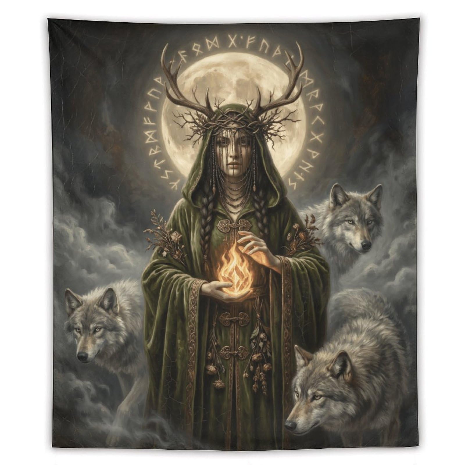 H3B8U2Y5 Wolf Goddess Green Robe Wall Tapestry, Celestial Animal