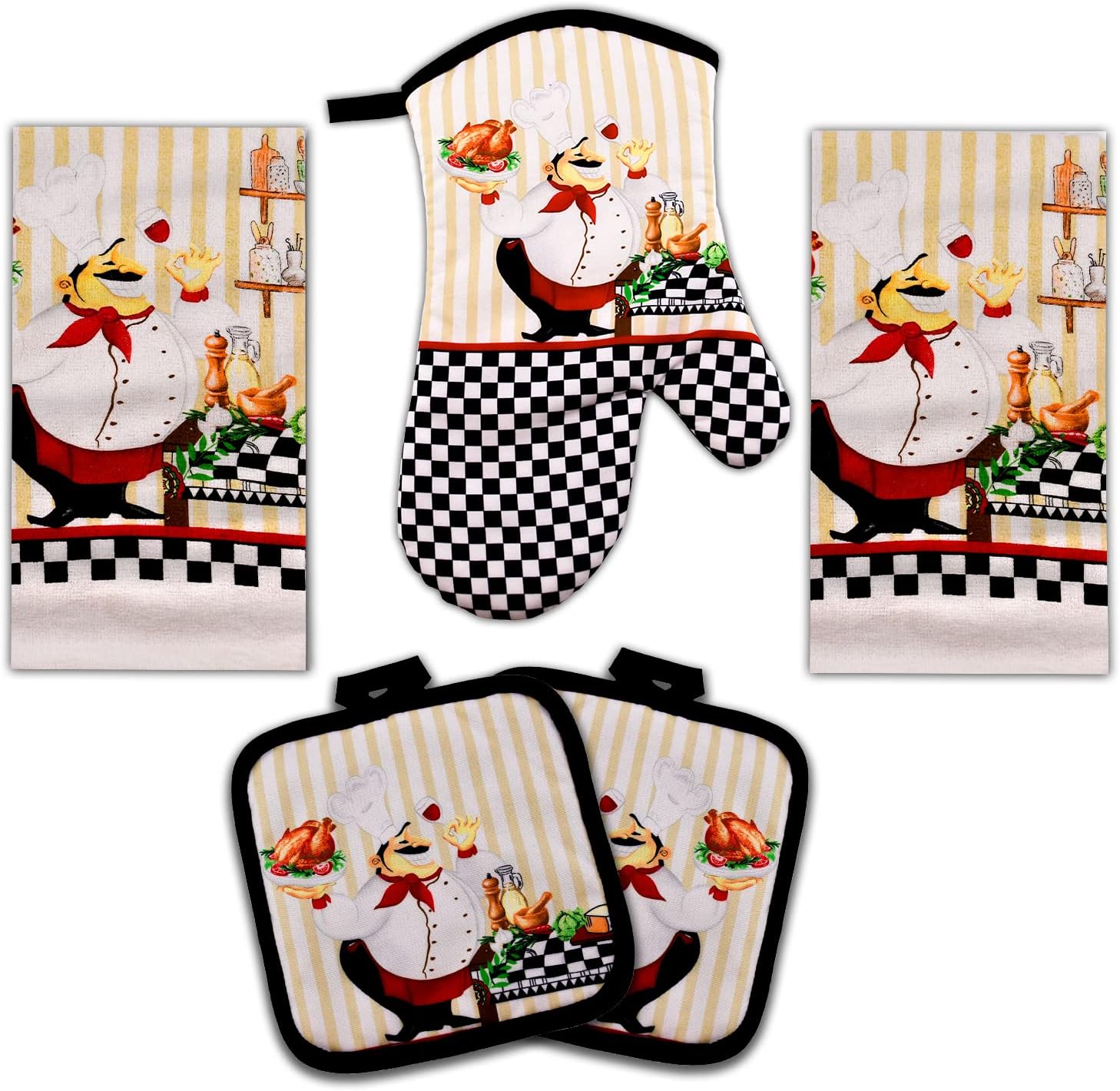 Lobyn Value Packs - Charming 5 Piece Kitchen Towel Set: Chubby Uniformed Chef Design, Includes 2 Decorative Dish Towels (25 X15) 1 Oven Mitt (11 X 7) and 2 Potholders (6.5 X 6.5)