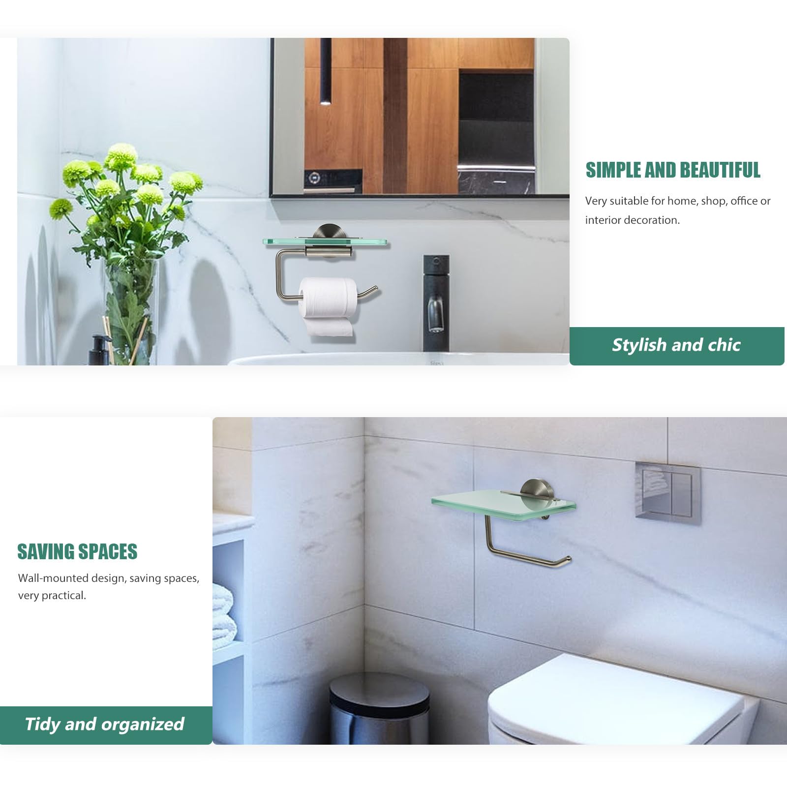 FOMIYES Portarotolo Mensola in Vetro da Muro in Acciaio Inossidabile Design Salvaspazio e Alta Stabilità per Bagno e Soggiorno Moderno