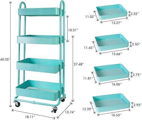 Miniatura 2 de elabo Carrito de malla metálica de 4 niveles, carrito organizador de almacenamiento con ruedas bloqueables para cocina, baño, sala de estar (azul)