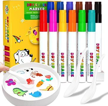 SAYEEC Magical Water Drawing Pens Set, 12 Colors Magical Floating Ink Pen with 2 Spoons, Dry Erase Whiteboard Markers, Magic Colored Water Painting Pens, Ideal Gifts for Adults