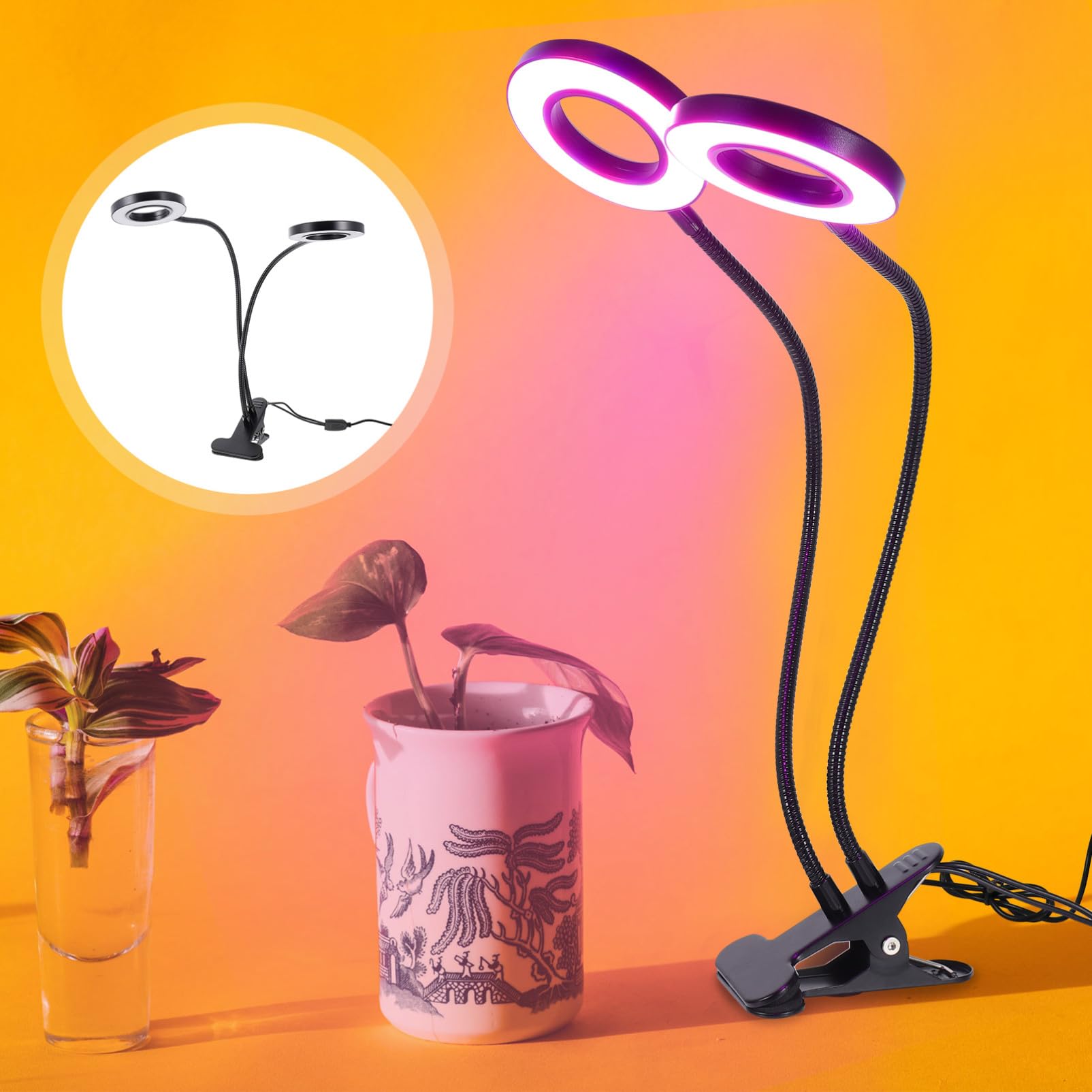 NOLITOY LED Pflanzenlampe Doppelköpfig mit Verstellbarer Klemme für Zimmerpflanzen Wachstum Vollspektrum Innenbereich Gewächshaus LED Wachstumslicht USB Betrieben
