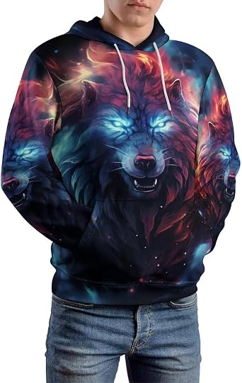 MARSVOVO Galaxy Wolf Hoodie Men Western Sweatshirt Casual Colorful Fire and Ice Pullover with Pockets Spring Fall Tops