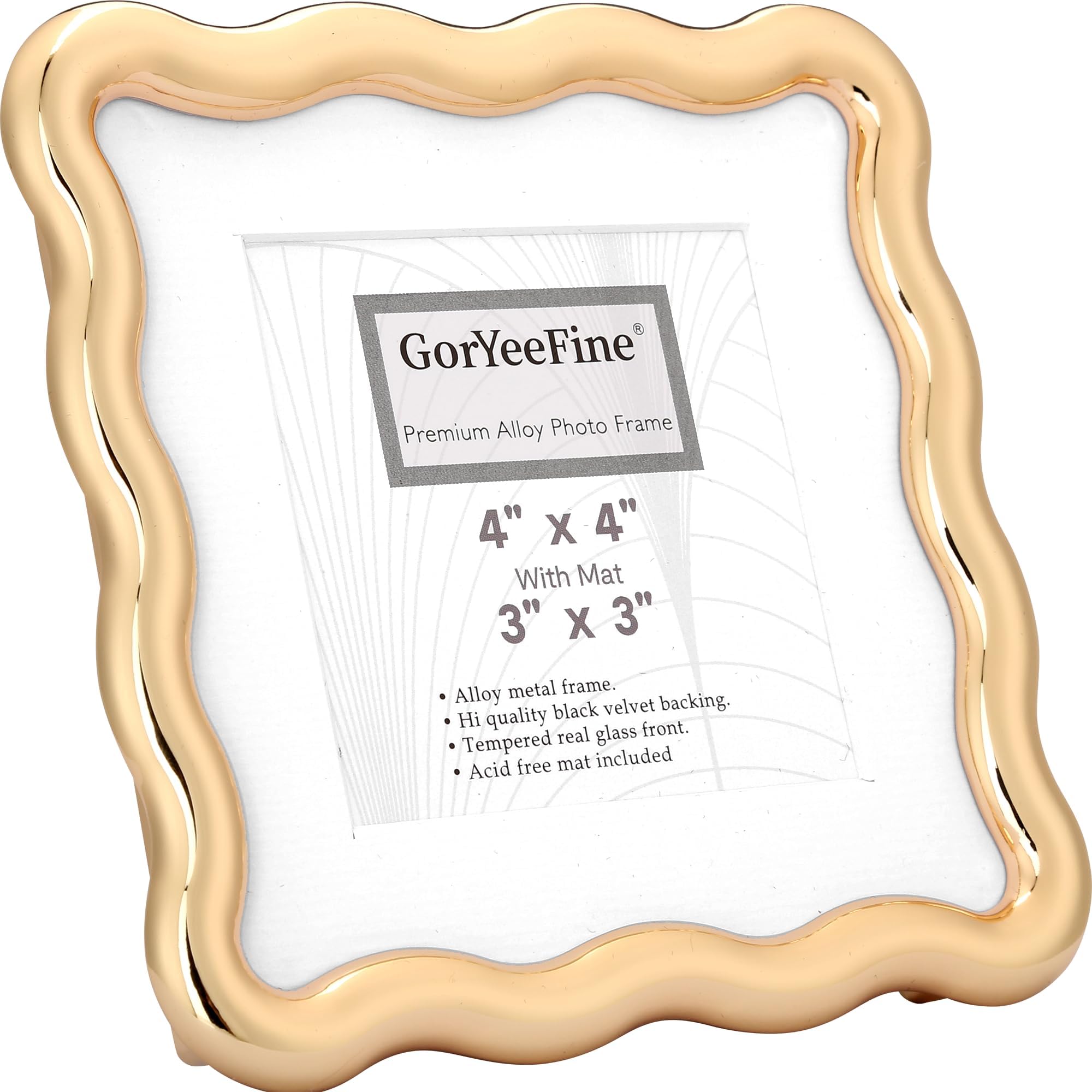 High-End Gold 4x4'' Square Zinc Alloy Picture Frames,with Acid Free Mat for 3x3'',Unique Wave Design,with Premuim Soft Velvet & Backing for Tabletop or Home Decor