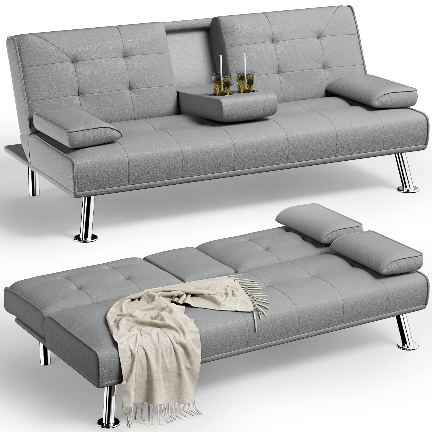 YESHOMY Futon Sofa Bed Modern Faux Leather Convertible Folding Lounge Couch for Living Room with 2 Cup Holders, Removable Soft Armrest and Sturdy Metal Leg, Gray