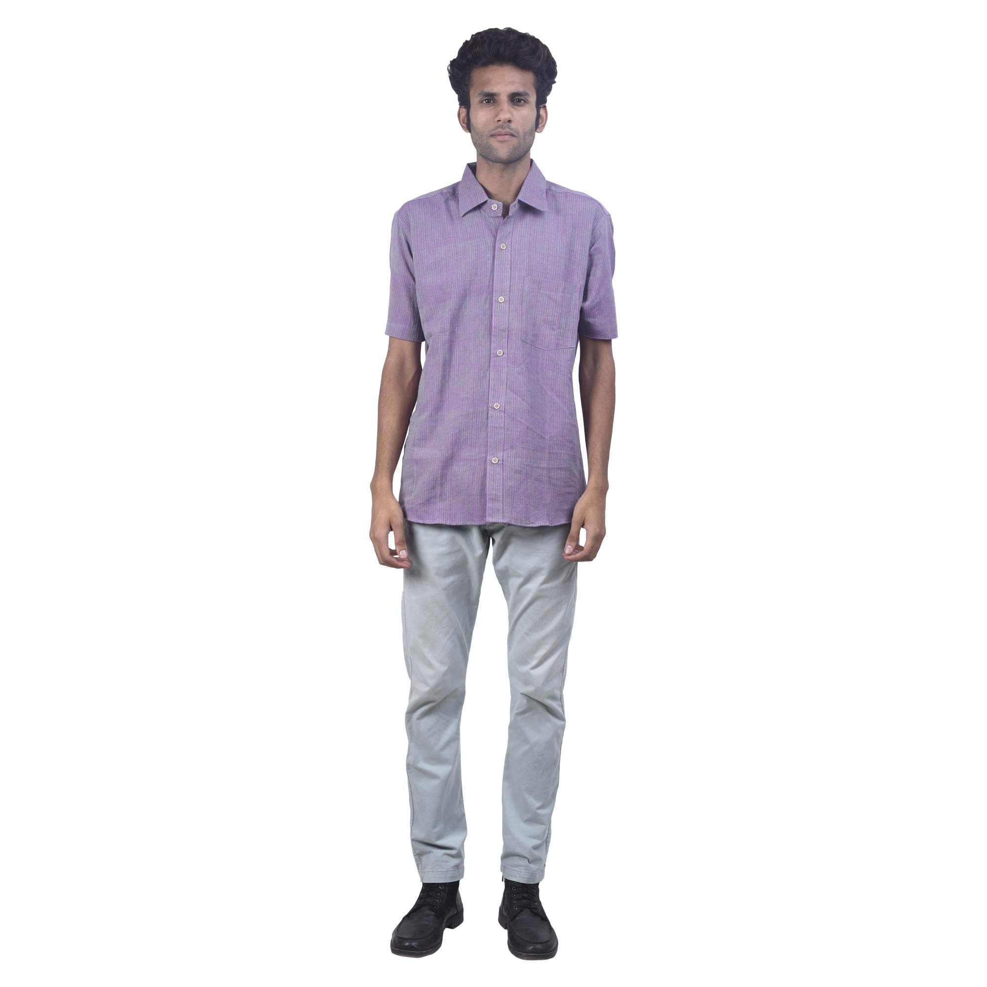 Tribes India Handmade Mens' Cotton Purple Full Length Shirt (1STXMENMP01599-2)