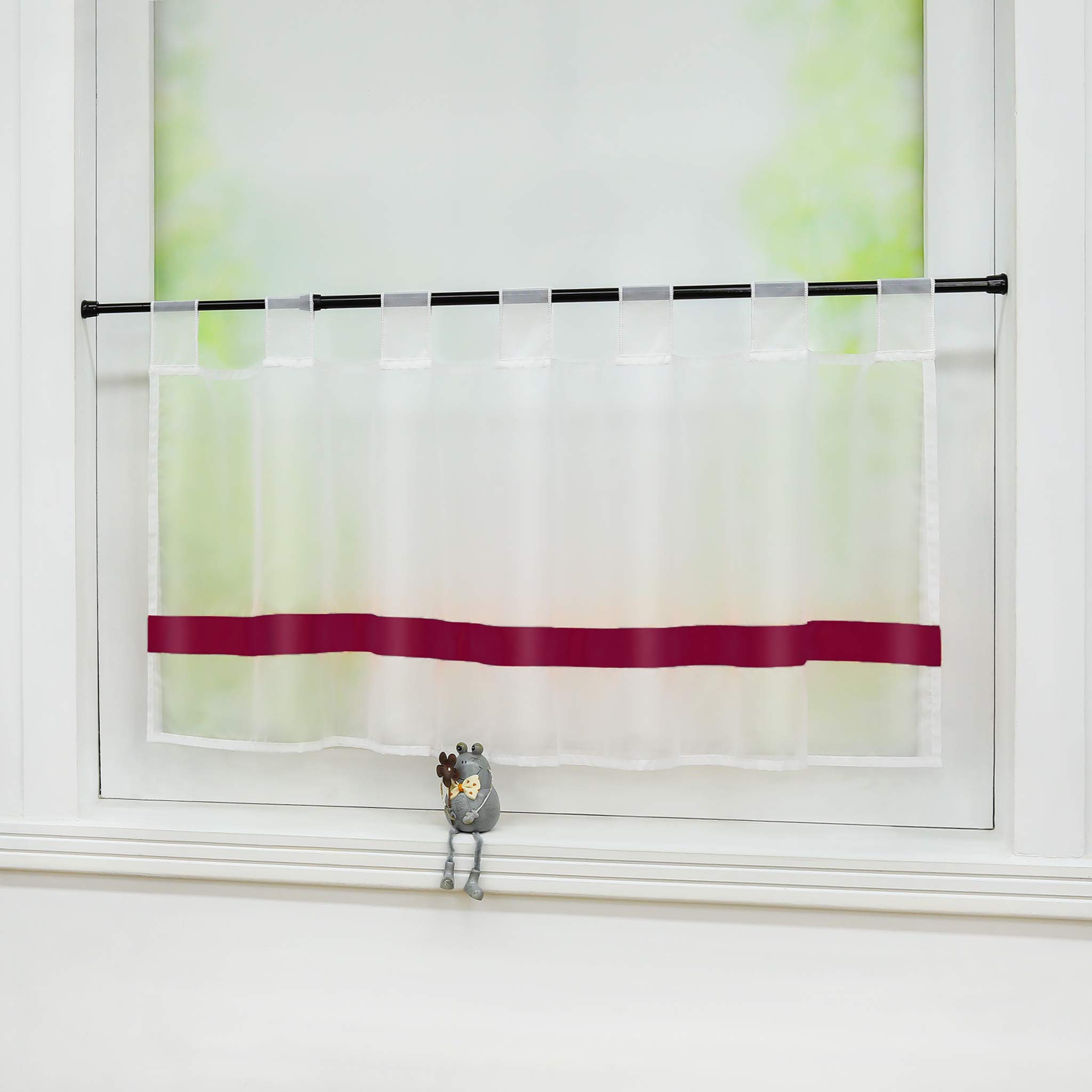 Joyswahl Julie Net Curtain Voile Bistro Curtains with Satin Ribbon, Loops Kitchen Short Curtain H x W 45 x 120 cm Wine Red Pack of 1 - Image 2