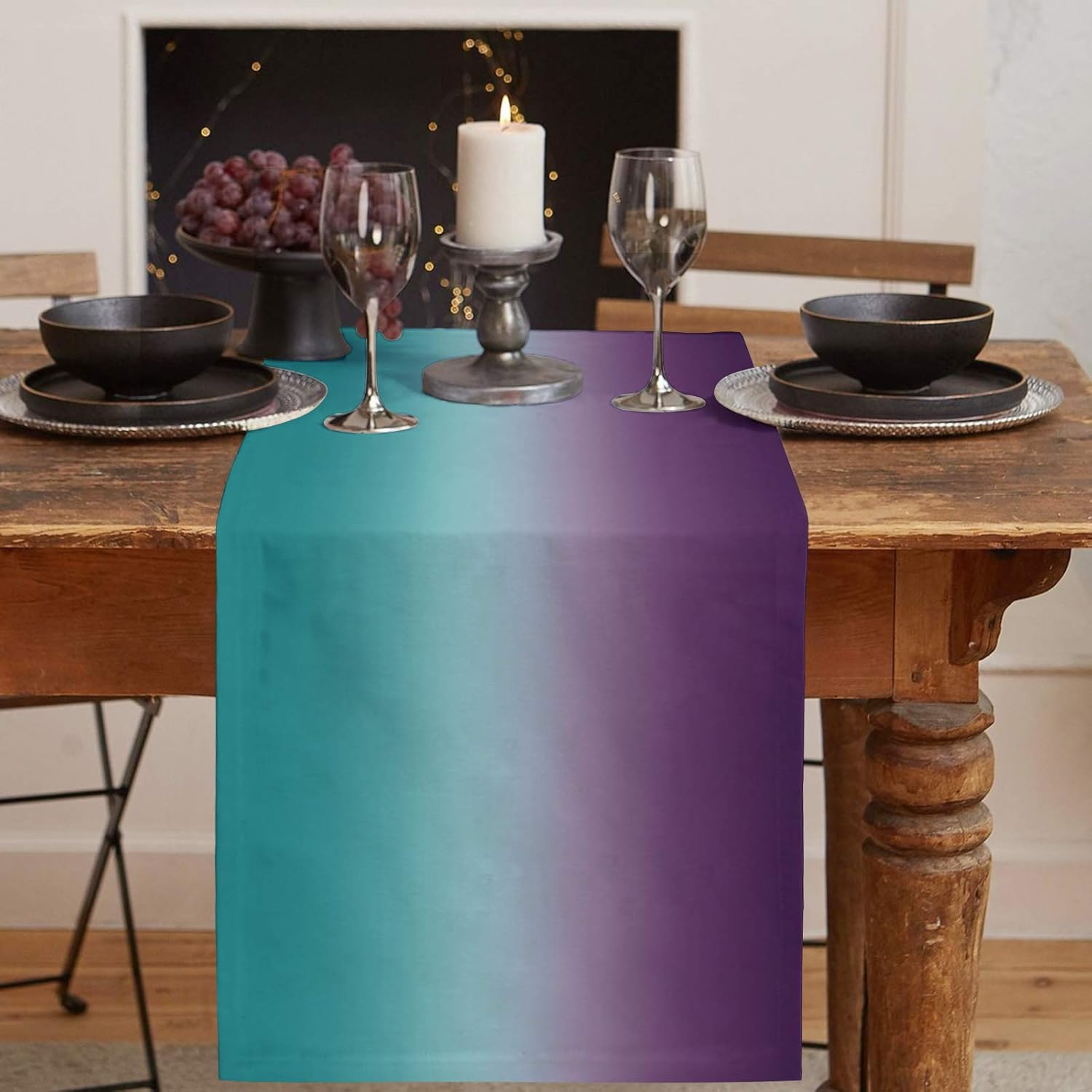 Ombre Linen Burlap Table Runner 13 x 120 Inch, Dinning Table Runner for Farmhouse, Wedding, Party, Barbecue - Gradient Turquoise Teal to Purple Table Decor