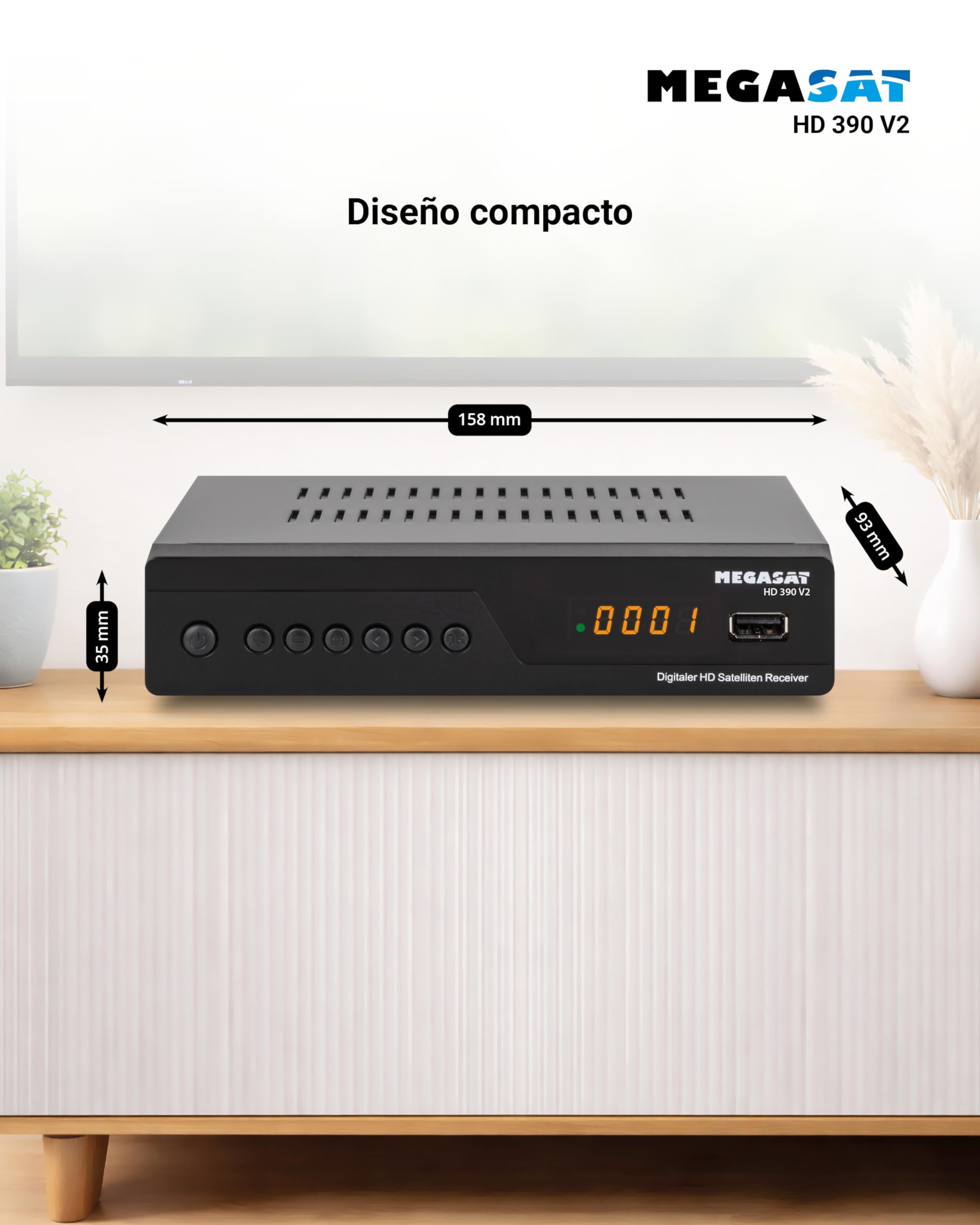 Megasat HD 390 – Receptor satélite HD HDMI & Scart – Negro | DVB-S/DVB-S2, reproductor multimedia, 2× USB, pantalla, TV gratis