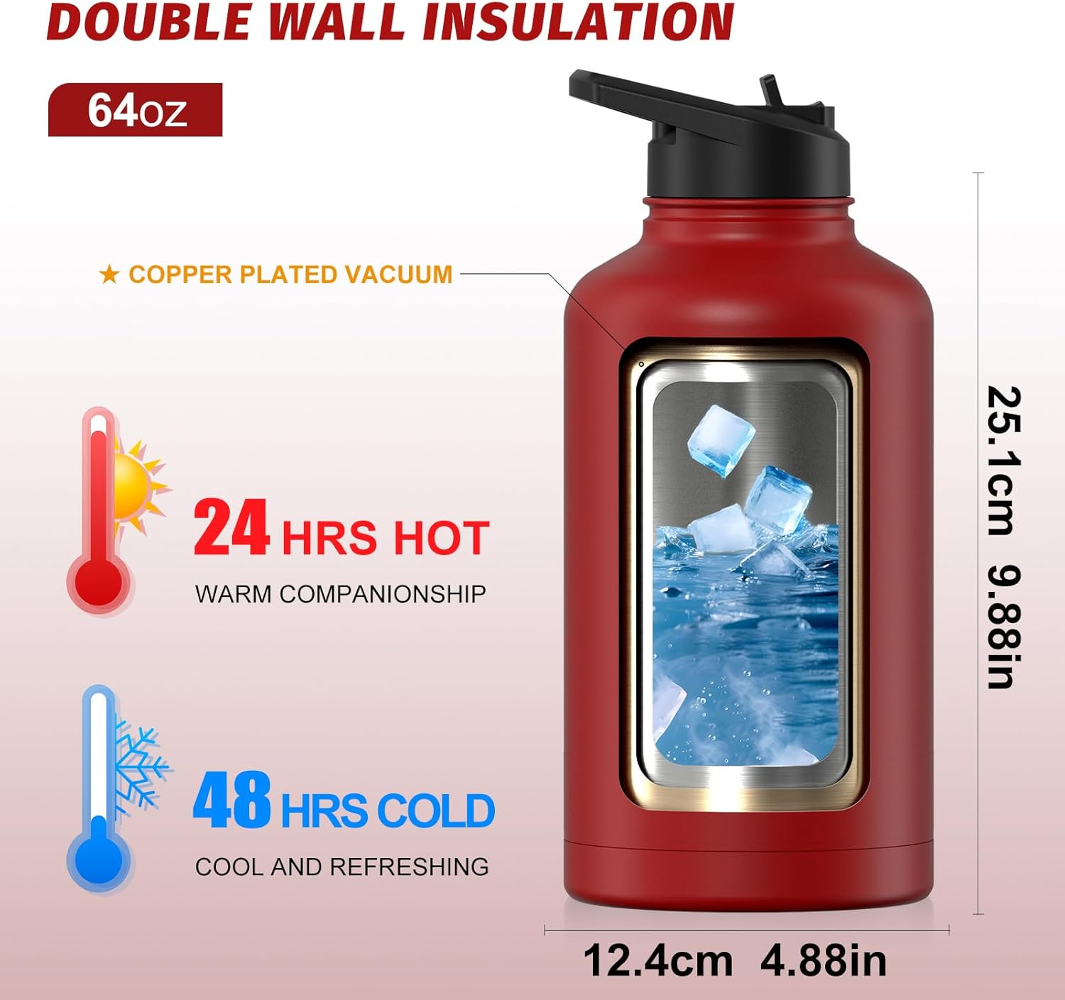 64oz Insulated Water Bottle (Cold for 48 Hrs),BPA Free&Leak Proof,Half Gallon Stainless Steel Water Flask,Water Jug with Straw Spout Lids for Gym,Hiking,Camping,Red - Image 2