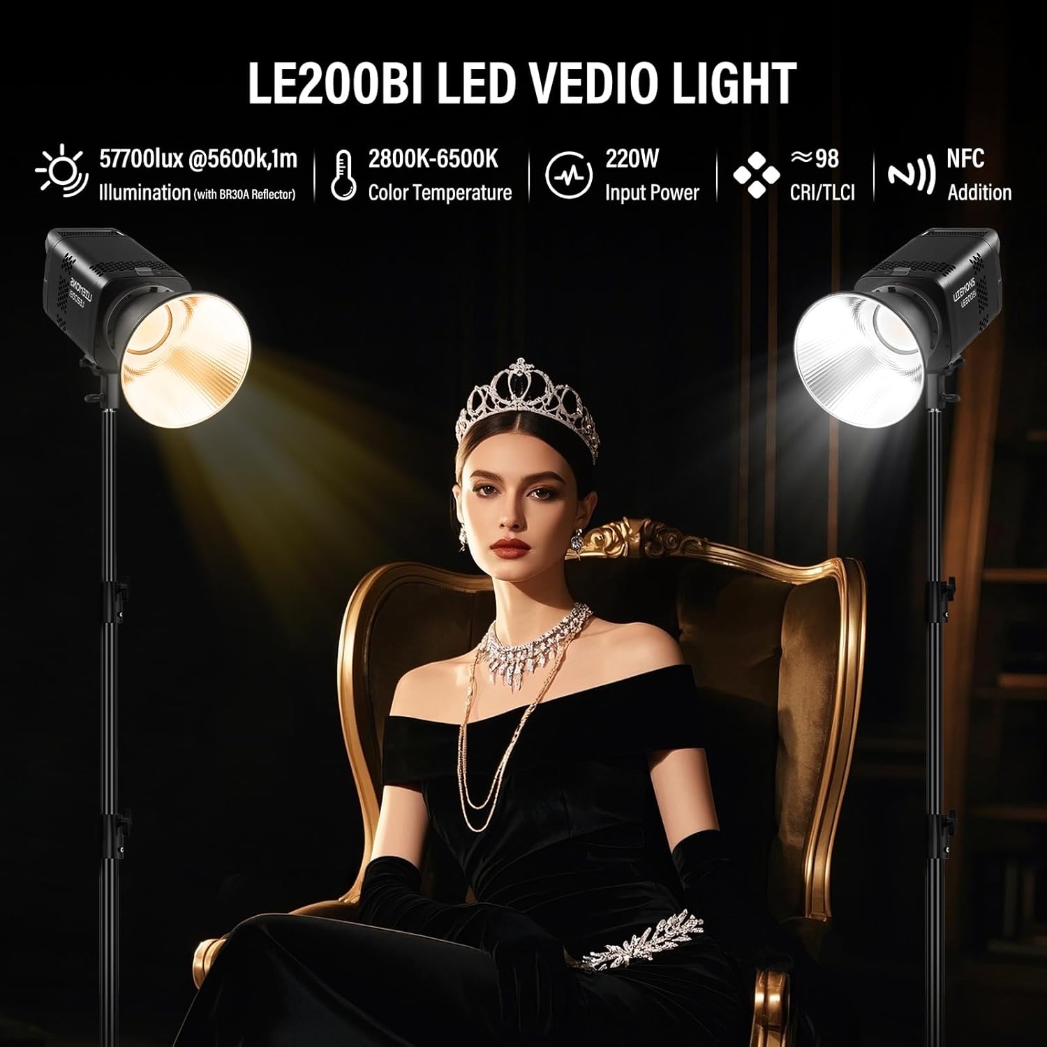 Godox Litemons LE200Bi 220W Bi Color COB LED Video Light, Professional Bowens Mount Studio Continuous Photography Lighting CRI/TLCI 98+ 57700 Lux@1m APP DMX Control Ultra Quiet for Video Recording