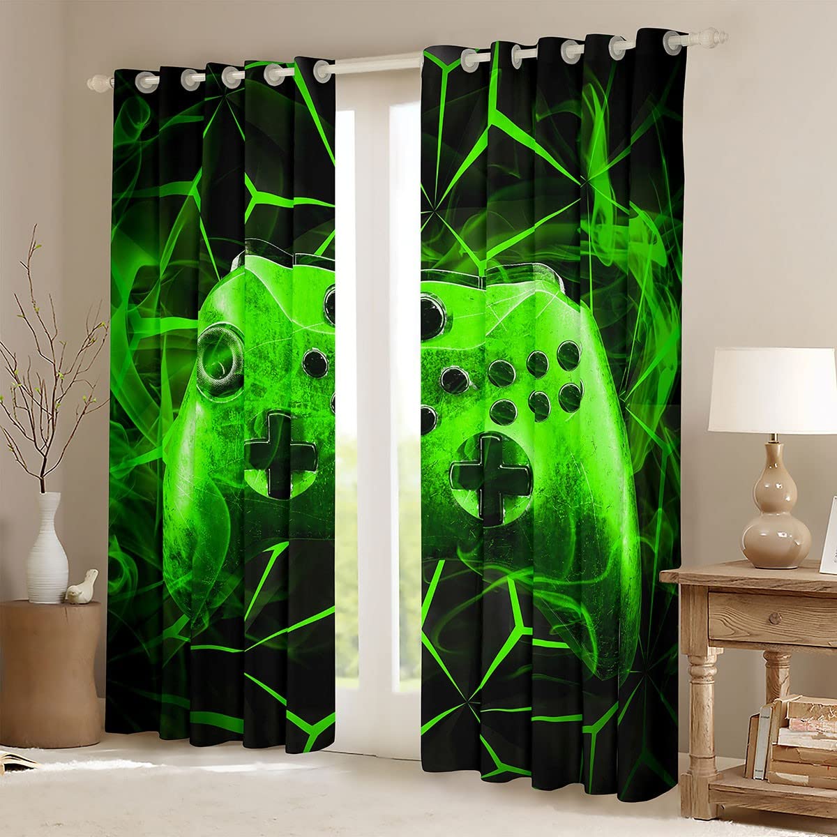 Tenda da gioco per bambini, per videogiochi, set per ragazzi, moderna, pannello di tessuto, pannello verde, console da gioco, tende per ragazzi, motivo geometrico, tenda per finestra, 137 x 117 cm